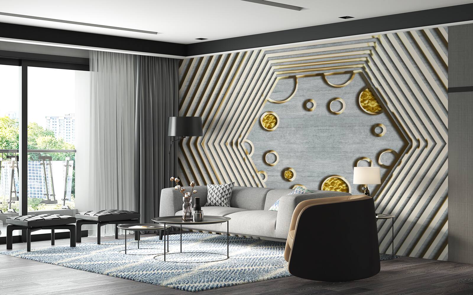 Fotobehang zilveren zeshoek met gouden kap