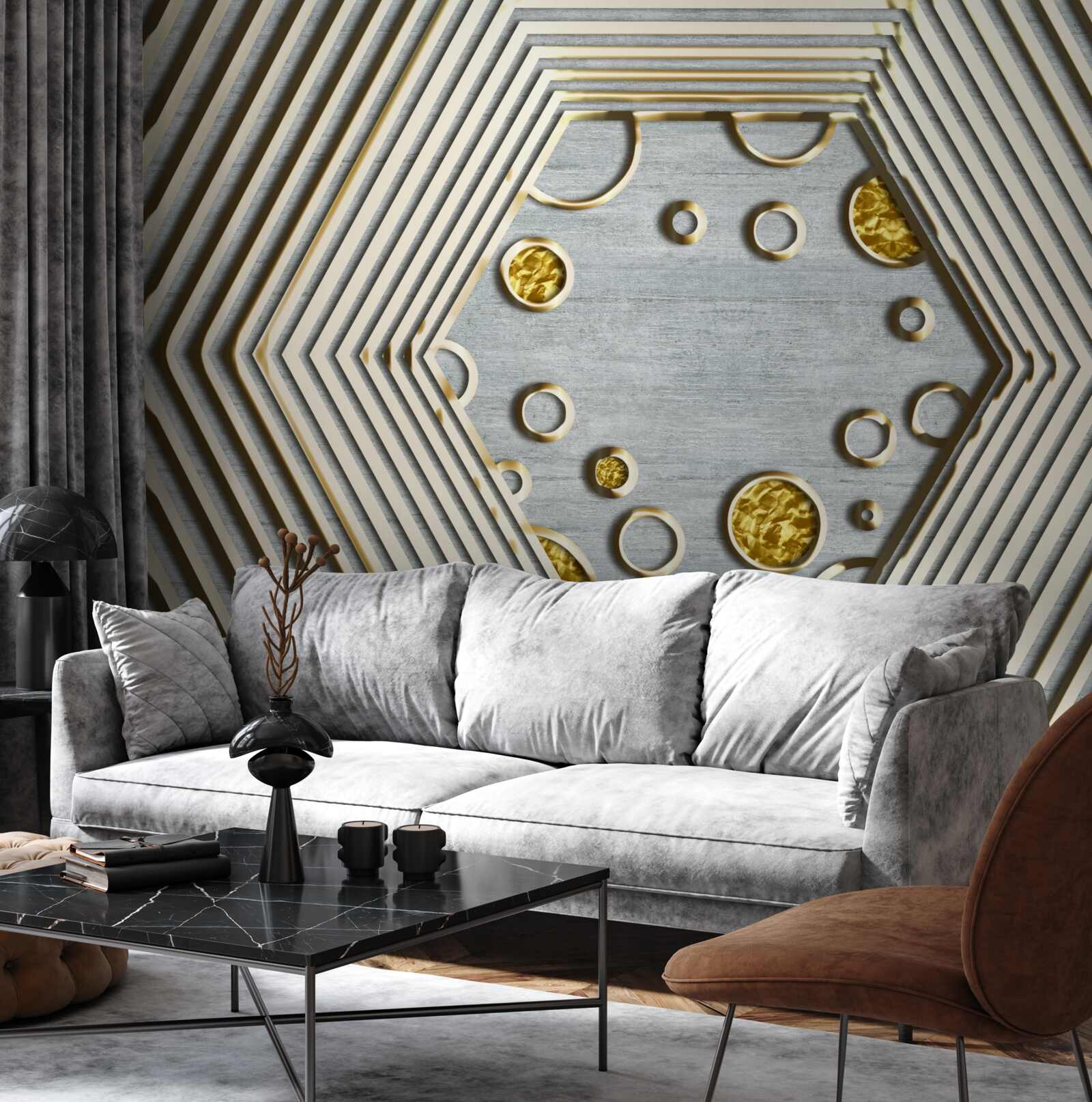 Fotobehang zilveren zeshoek met gouden kap