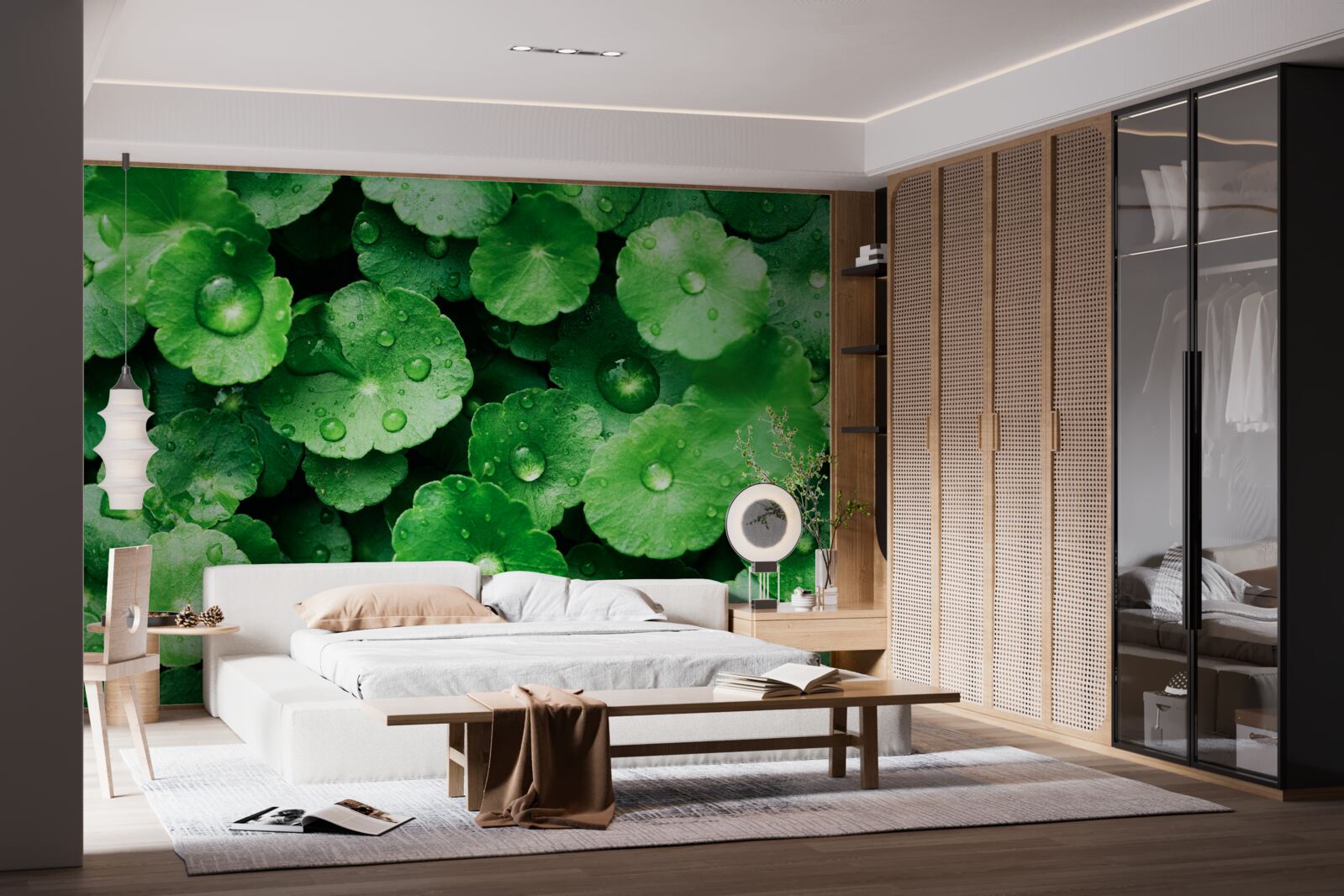 Fotobehang groene bladeren bedekt met verse waterdruppels