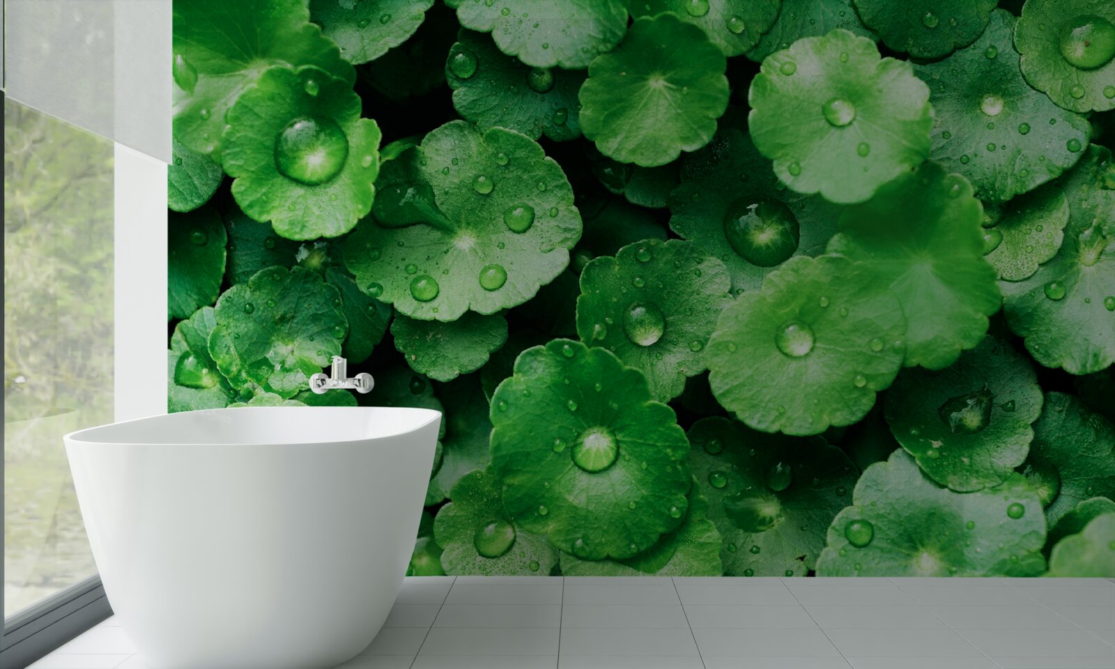 Fotobehang groene bladeren bedekt met verse waterdruppels