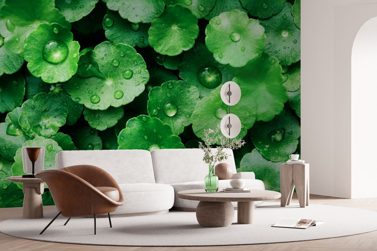 Fotobehang groene bladeren bedekt met verse waterdruppels