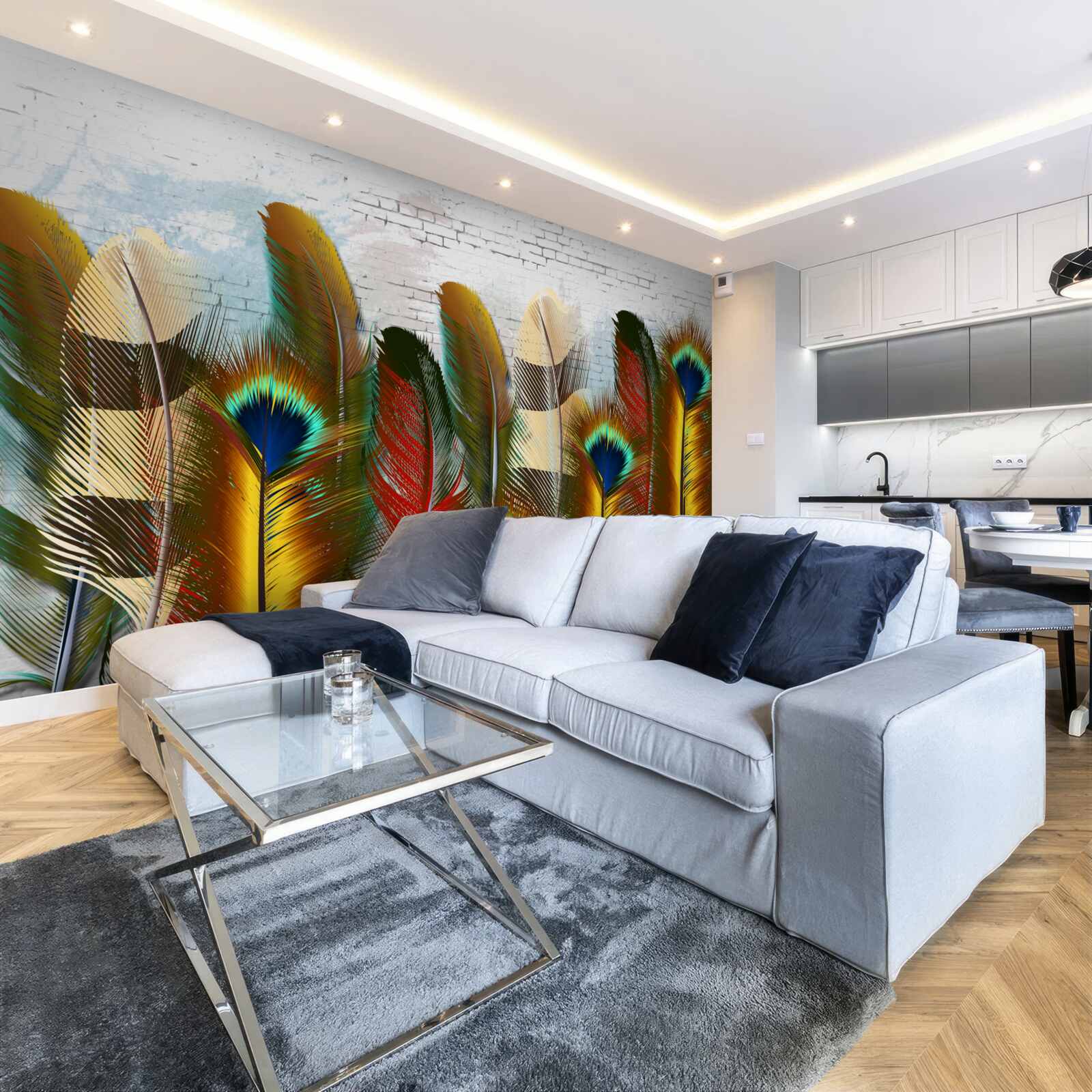 Fotobehang de prachtige veren contrasteren met de witte bakstenen muur