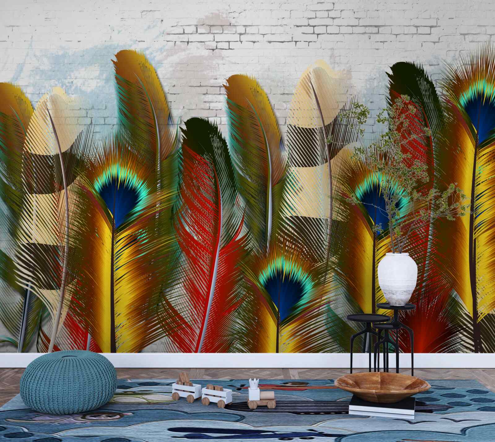 Fotobehang de prachtige veren contrasteren met de witte bakstenen muur