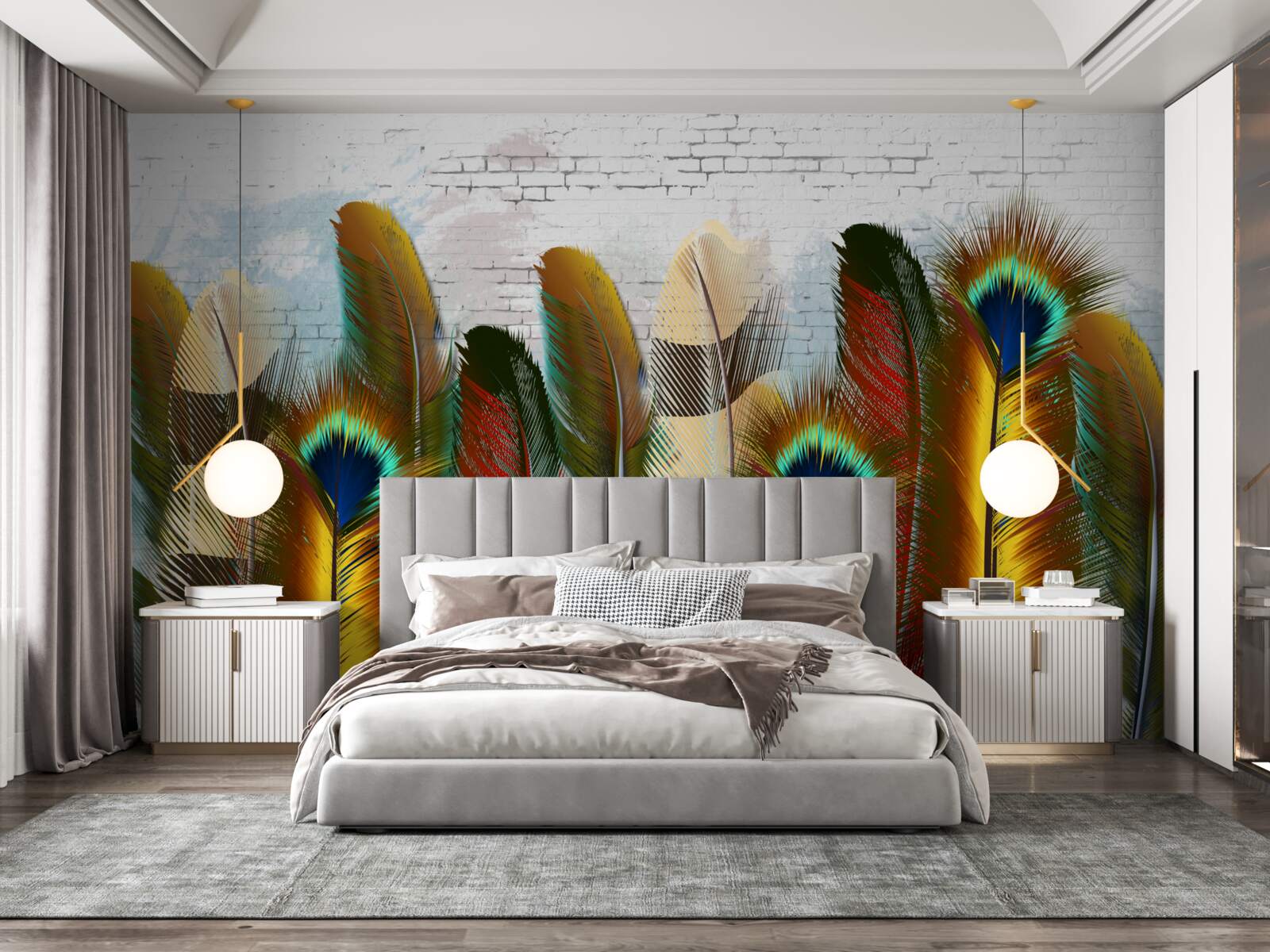 Fotobehang de prachtige veren contrasteren met de witte bakstenen muur