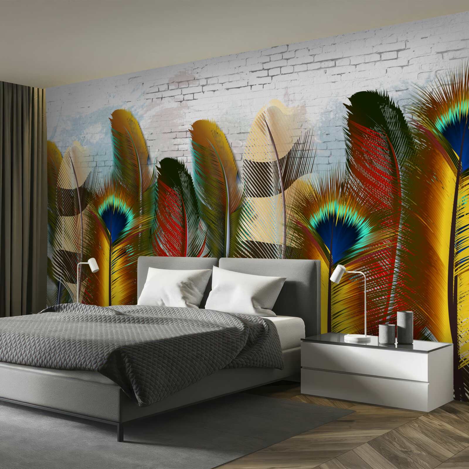 Fotobehang de prachtige veren contrasteren met de witte bakstenen muur