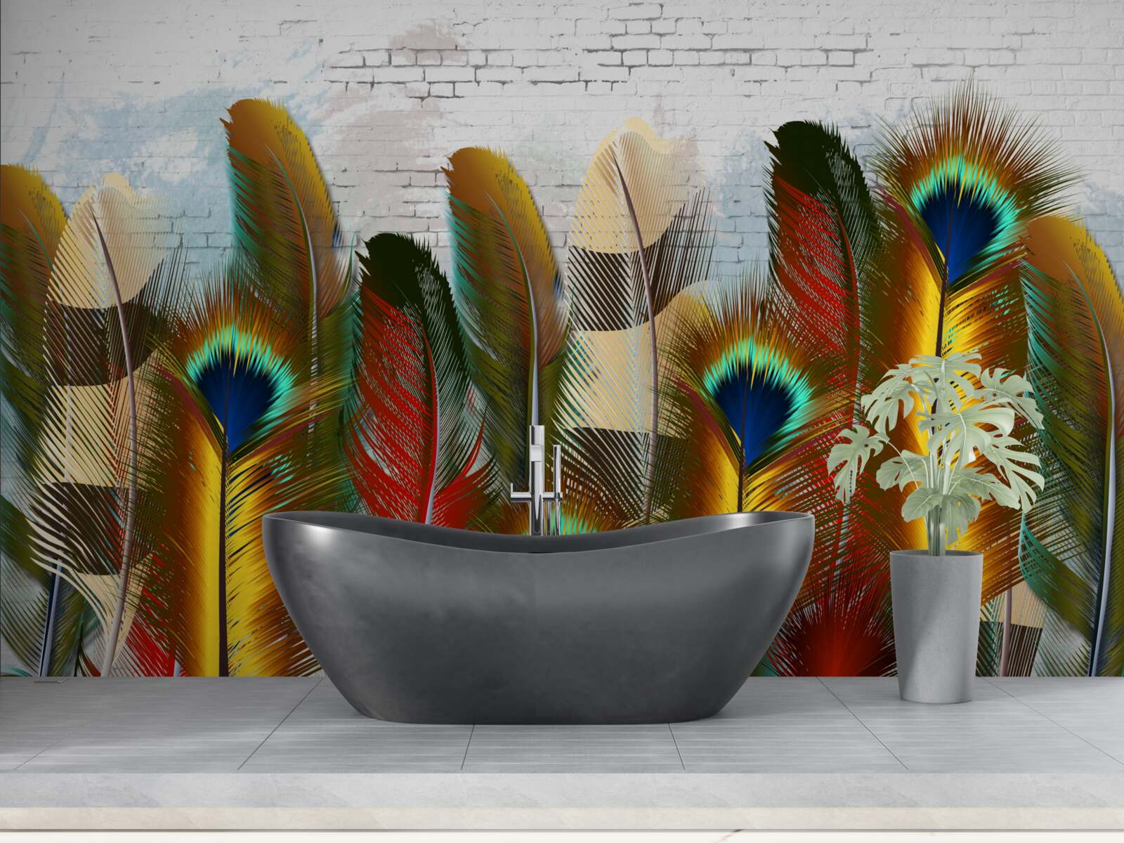 Fotobehang de prachtige veren contrasteren met de witte bakstenen muur