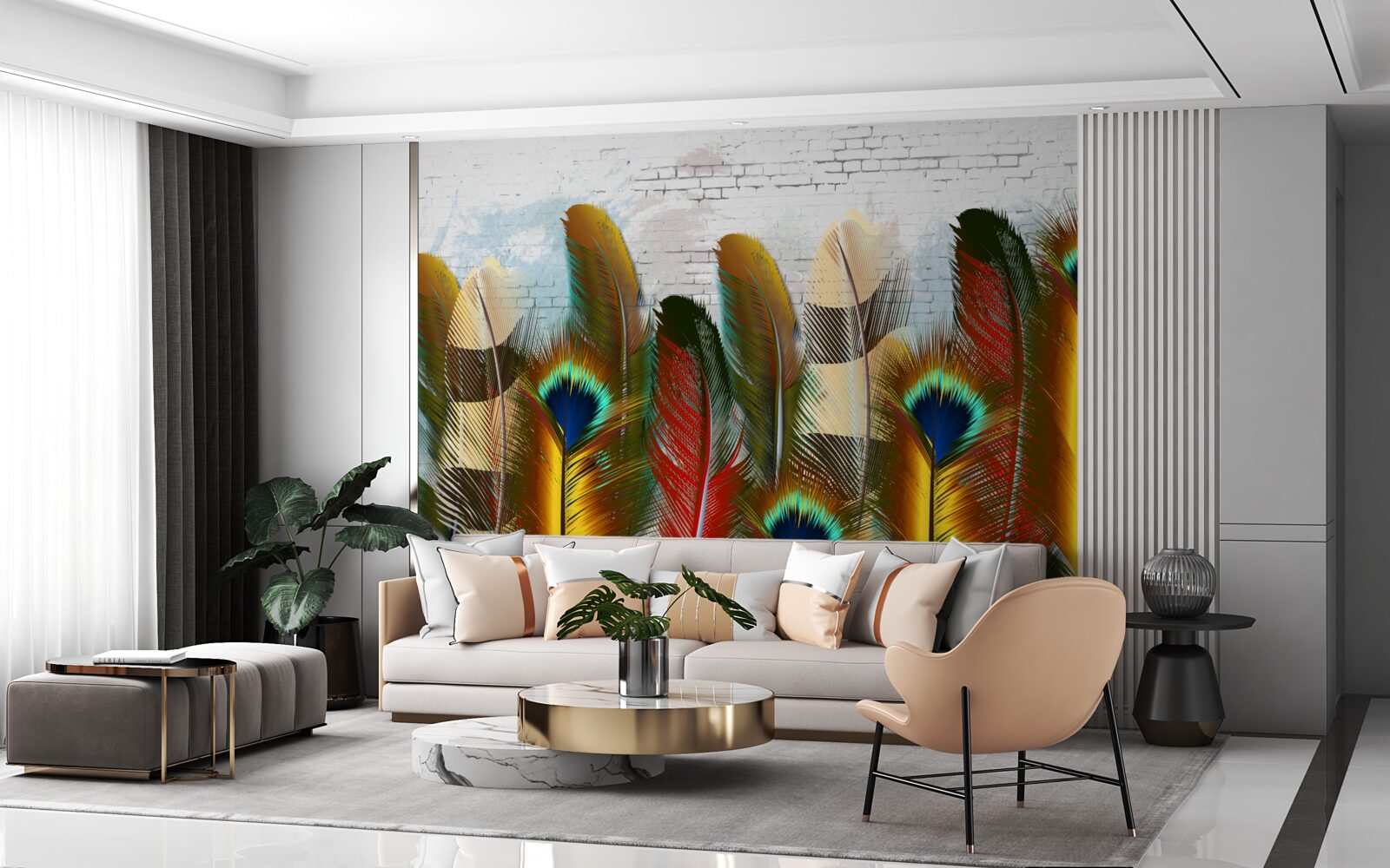 Fotobehang de prachtige veren contrasteren met de witte bakstenen muur