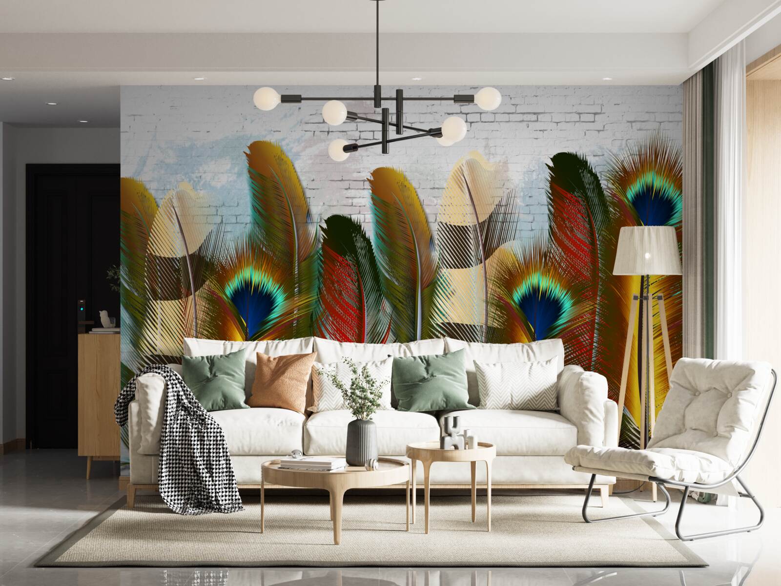 Fotobehang de prachtige veren contrasteren met de witte bakstenen muur