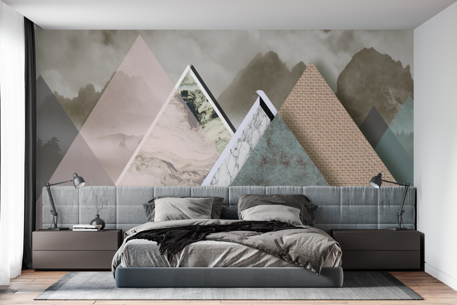 Fotobehang driehoeken van verschillende grootte die gekleurde bergen voorstellen