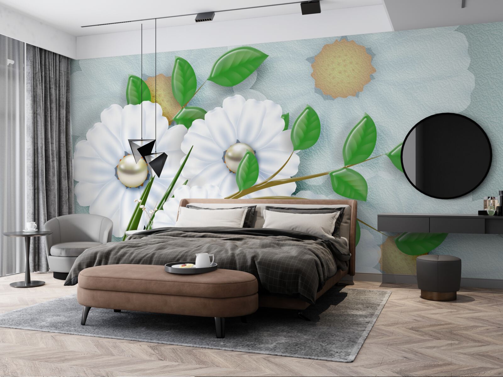 Fotobehang Sneeuwwitte madeliefjes met parelhartjes