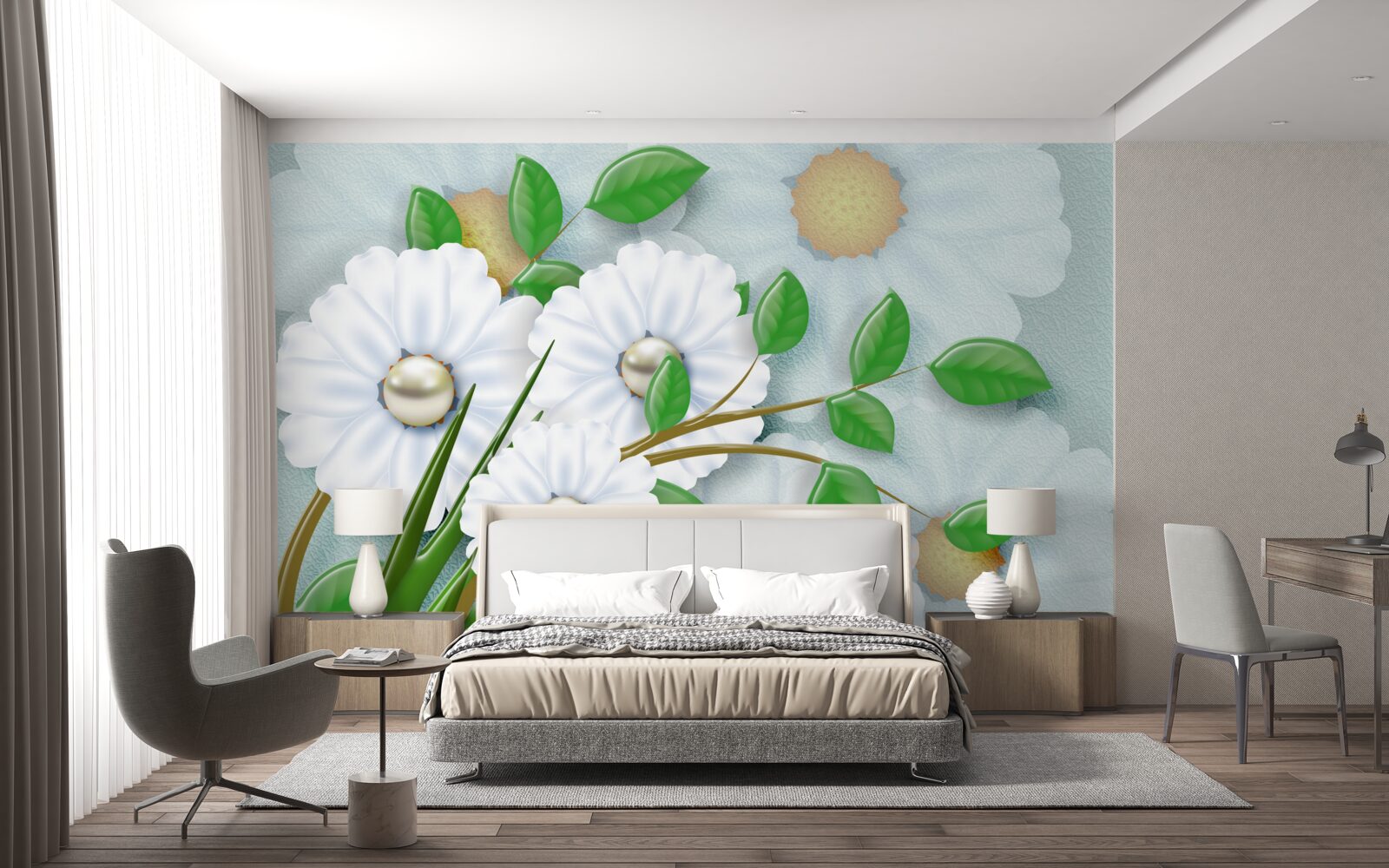 Fotobehang Sneeuwwitte madeliefjes met parelhartjes