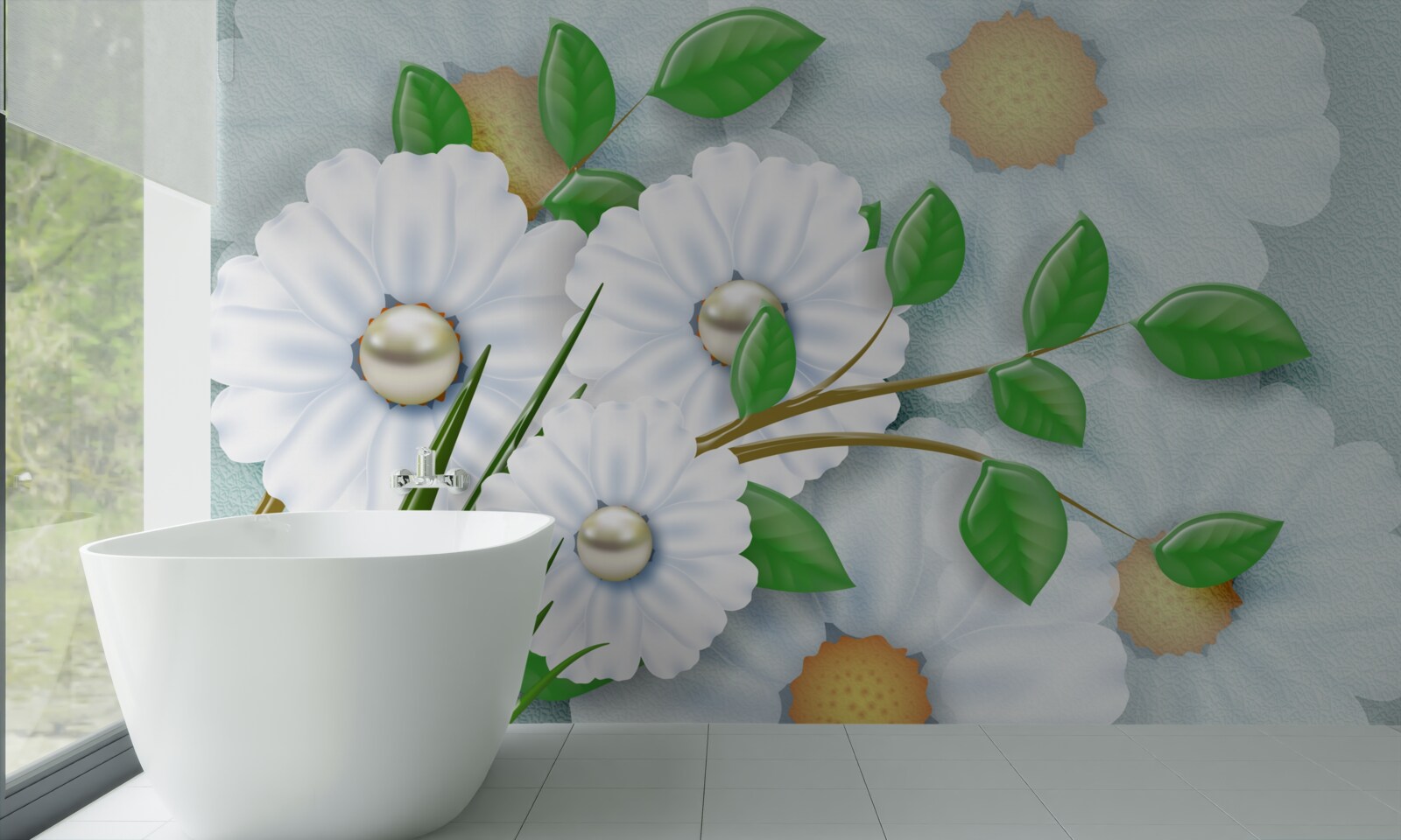 Fotobehang Sneeuwwitte madeliefjes met parelhartjes