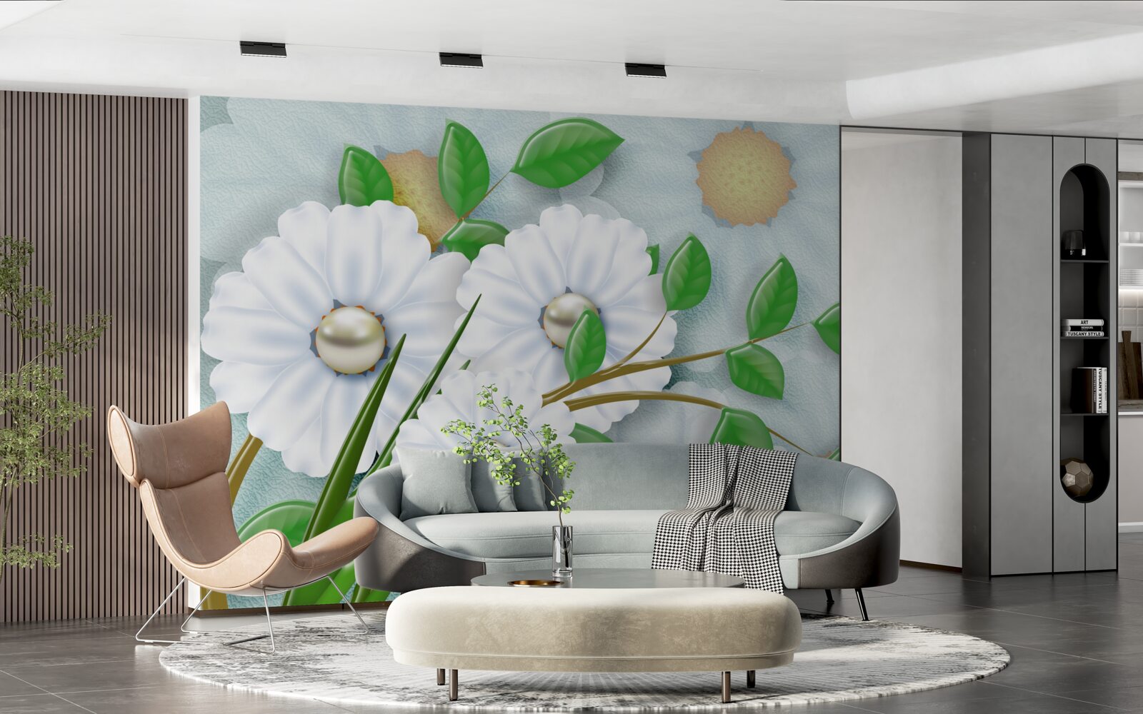 Fotobehang Sneeuwwitte madeliefjes met parelhartjes