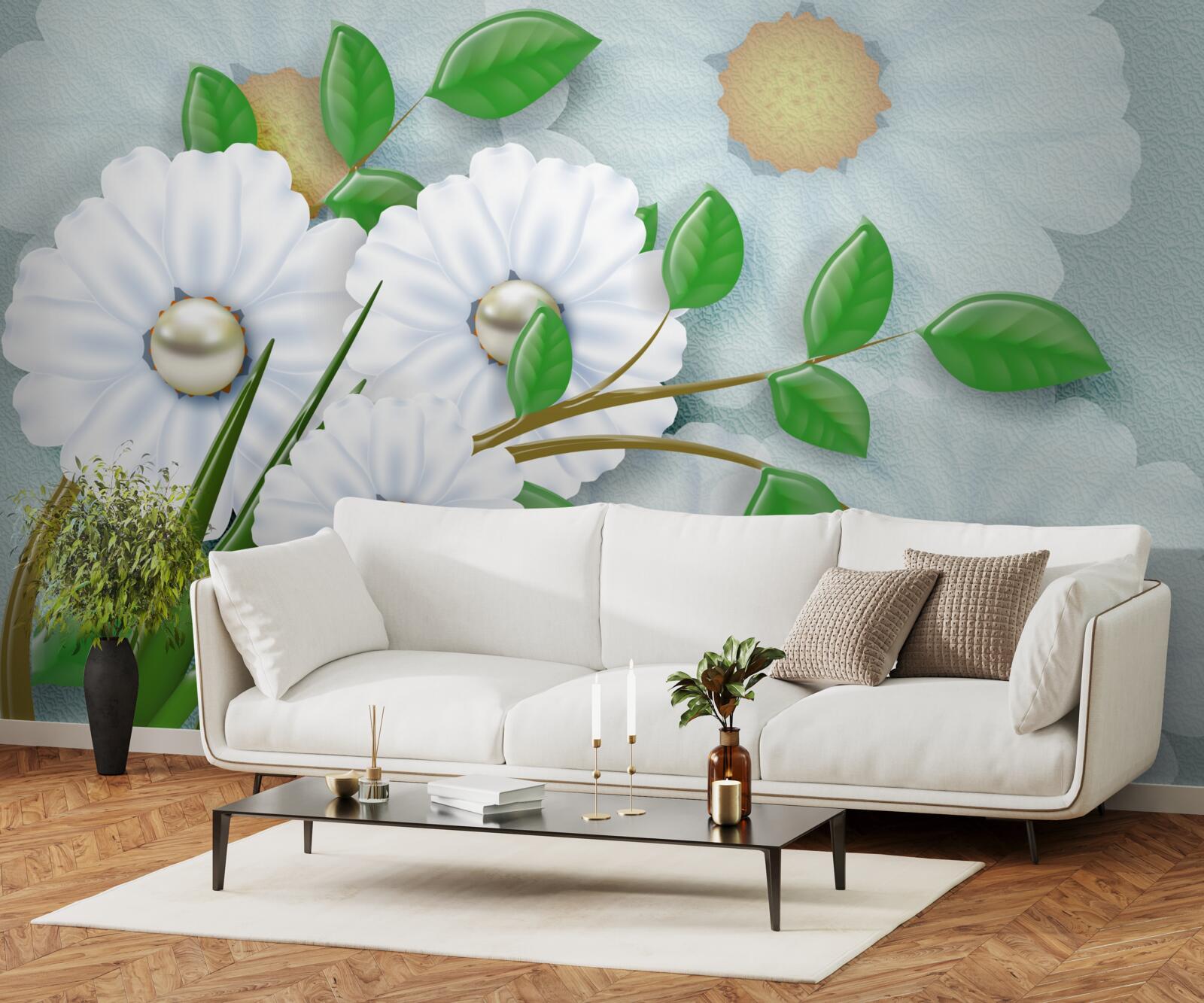 Fotobehang Sneeuwwitte madeliefjes met parelhartjes