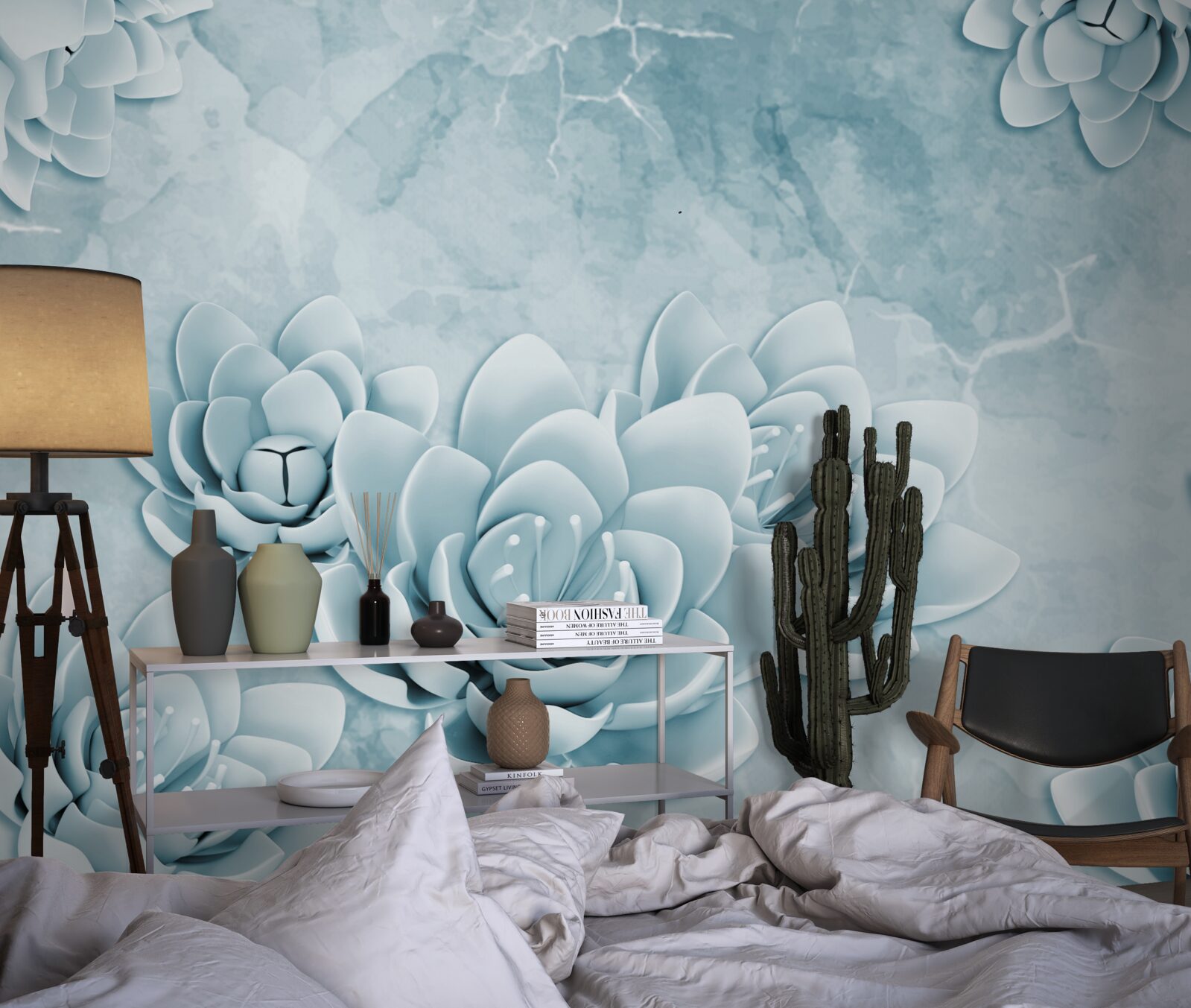 Fotobehang bloemen met een delicate blauwe tint