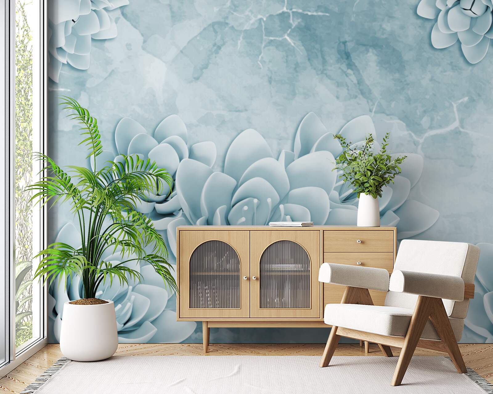 Fotobehang bloemen met een delicate blauwe tint