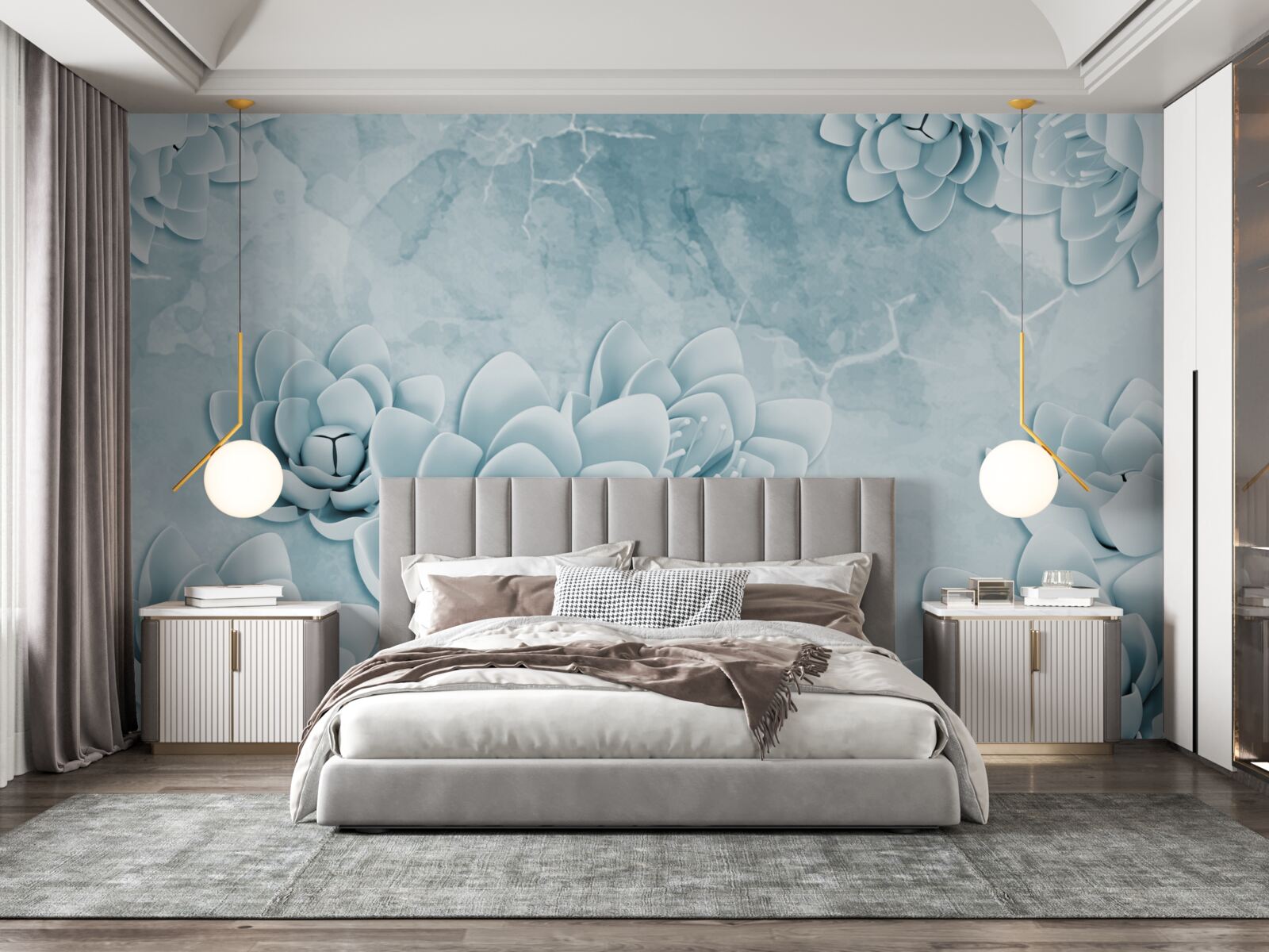 Fotobehang bloemen met een delicate blauwe tint