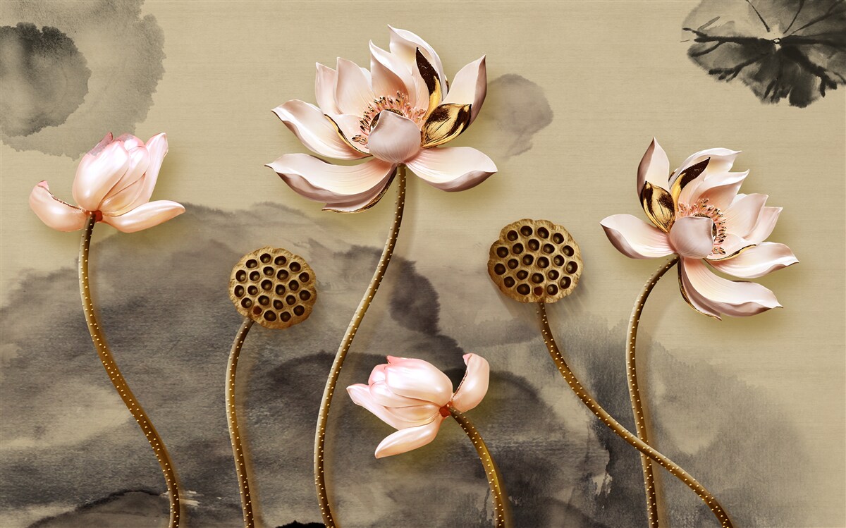 Fotobehang knoppen van roze bloemen wiegen in de wind