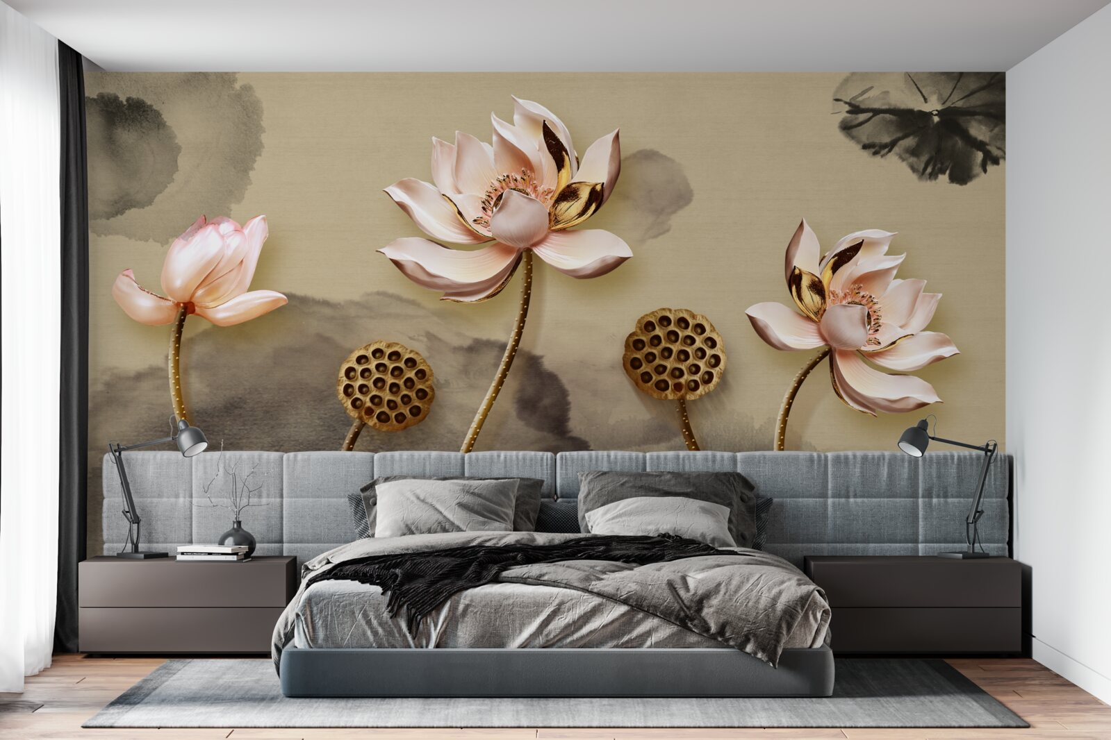 Fotobehang knoppen van roze bloemen wiegen in de wind