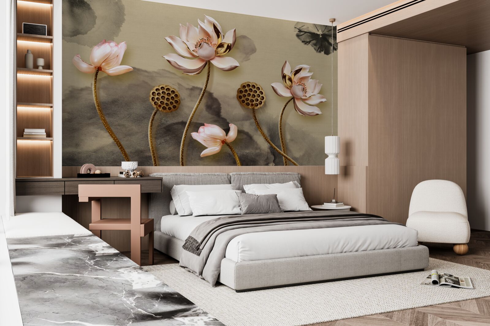 Fotobehang knoppen van roze bloemen wiegen in de wind