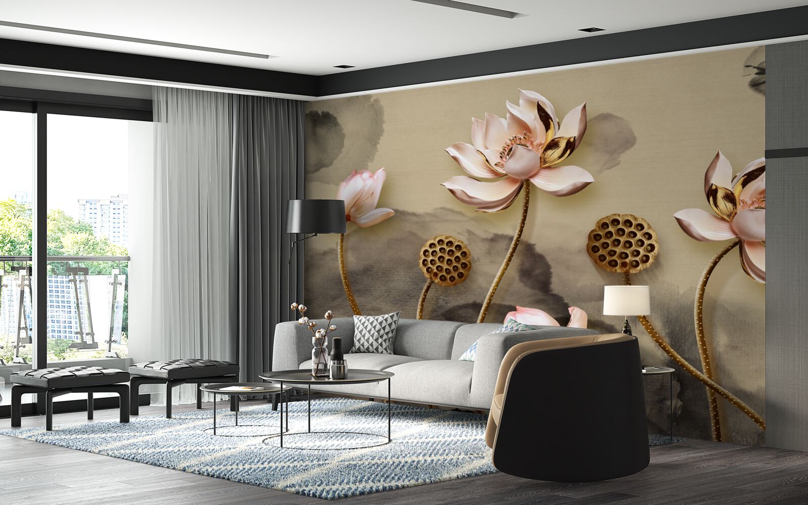 Fotobehang knoppen van roze bloemen wiegen in de wind