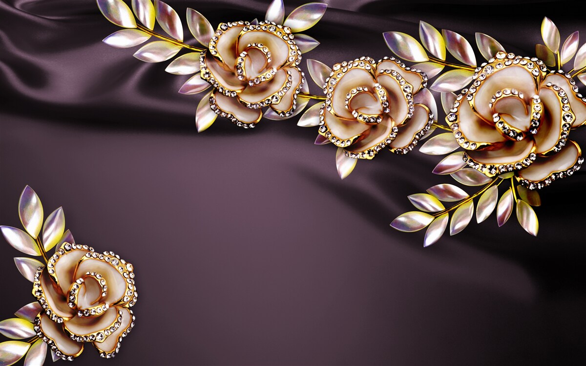 Fotobehang rozen van goud met bladeren als decoratie