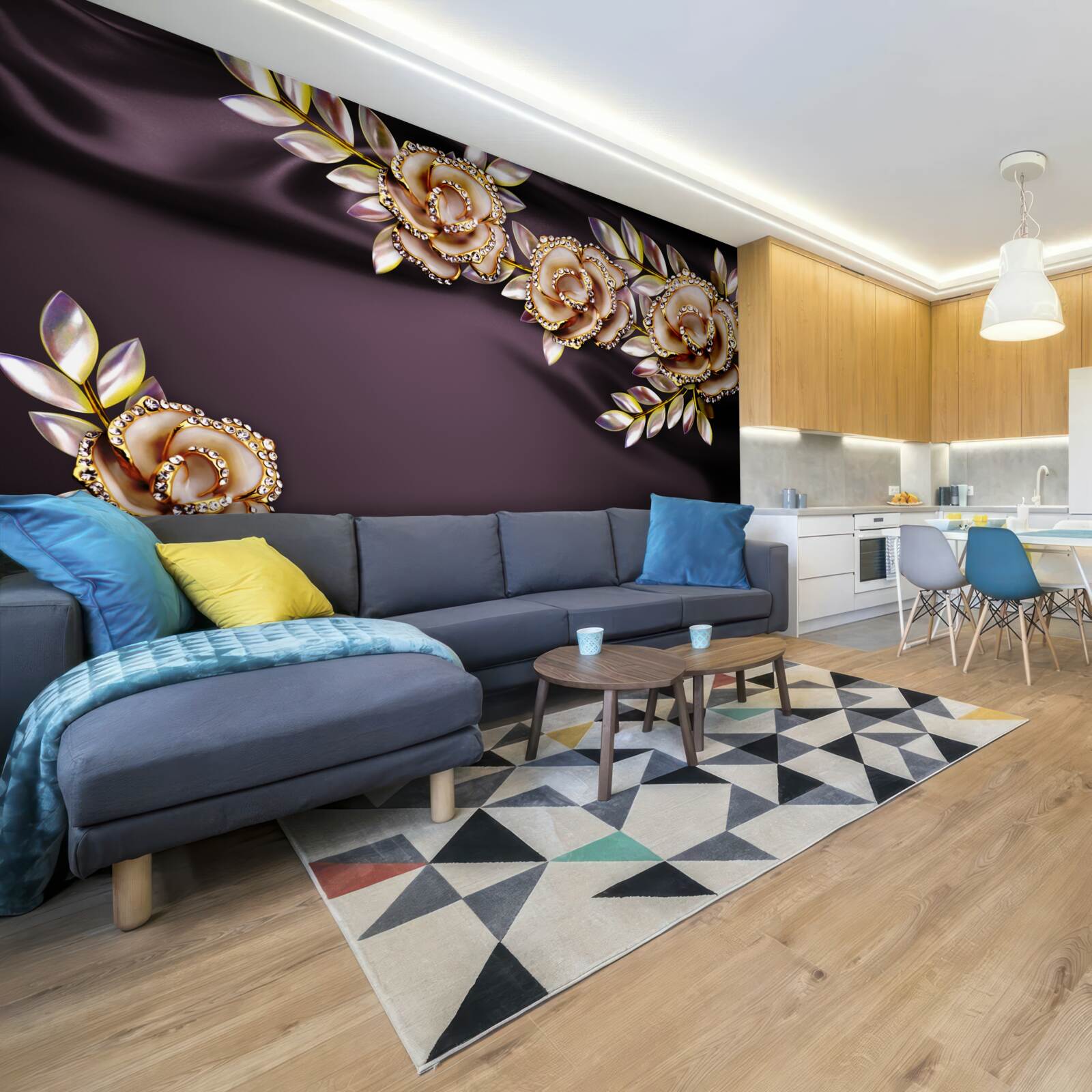 Fotobehang rozen van goud met bladeren als decoratie