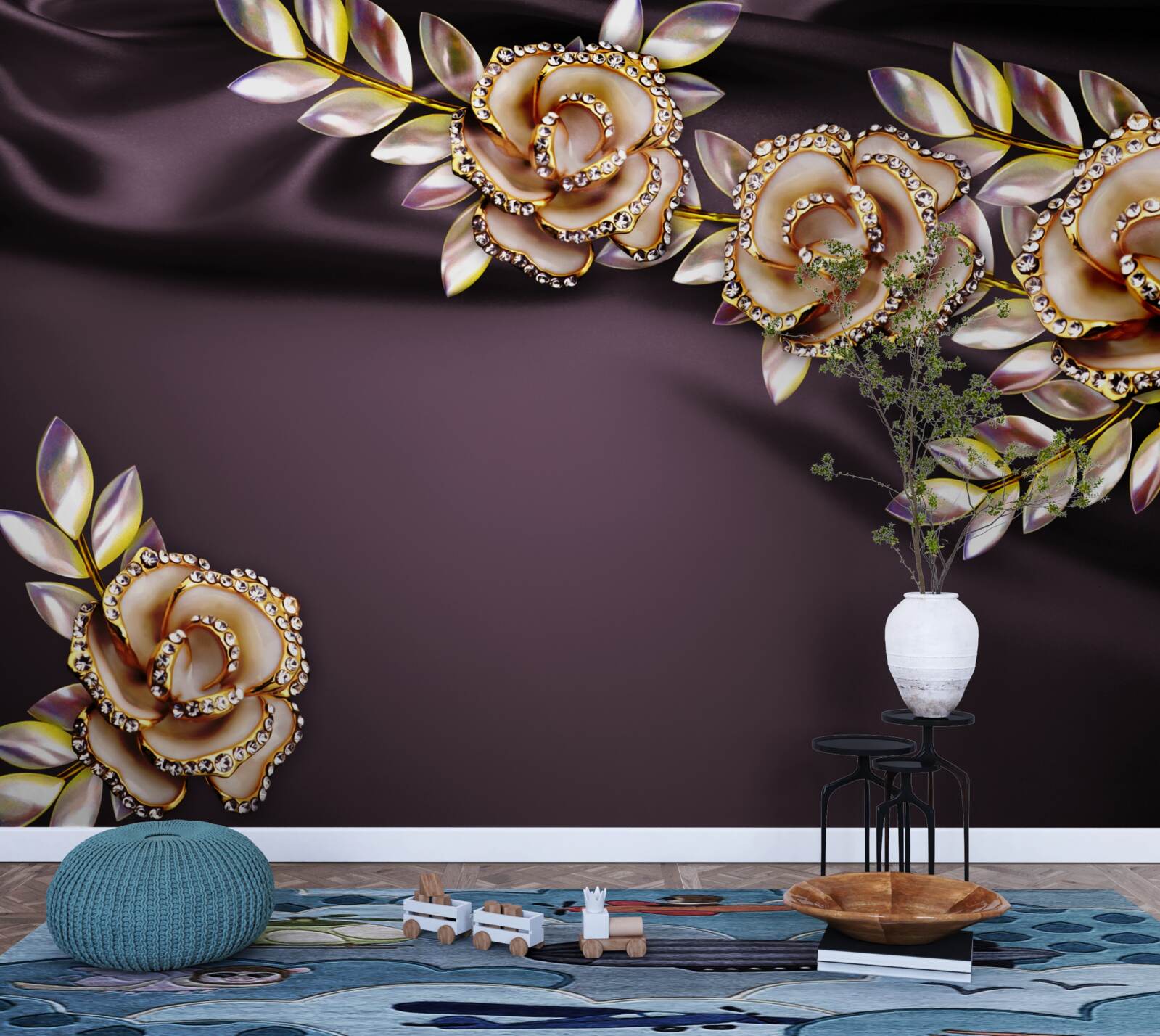 Fotobehang rozen van goud met bladeren als decoratie