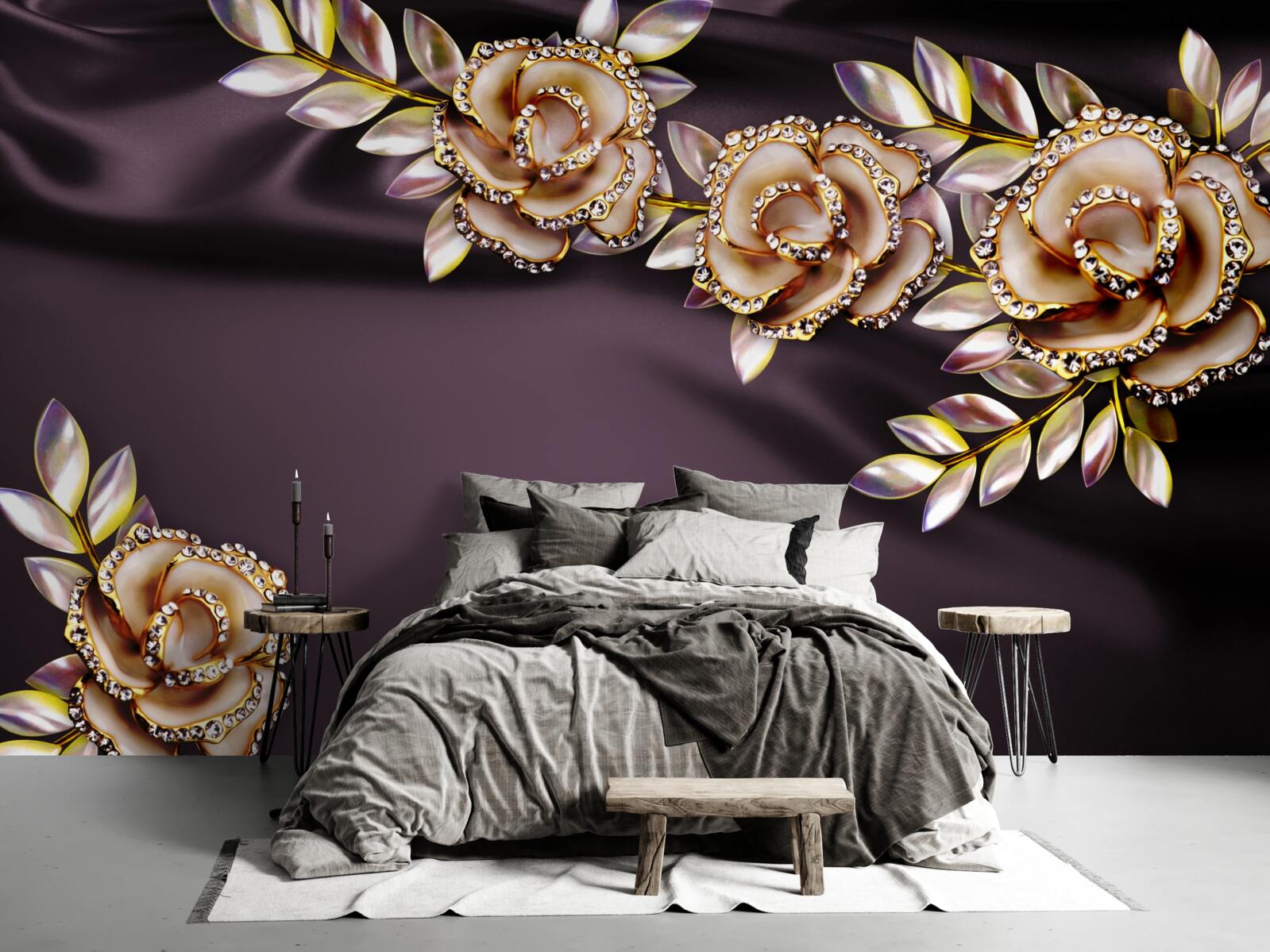 Fotobehang rozen van goud met bladeren als decoratie