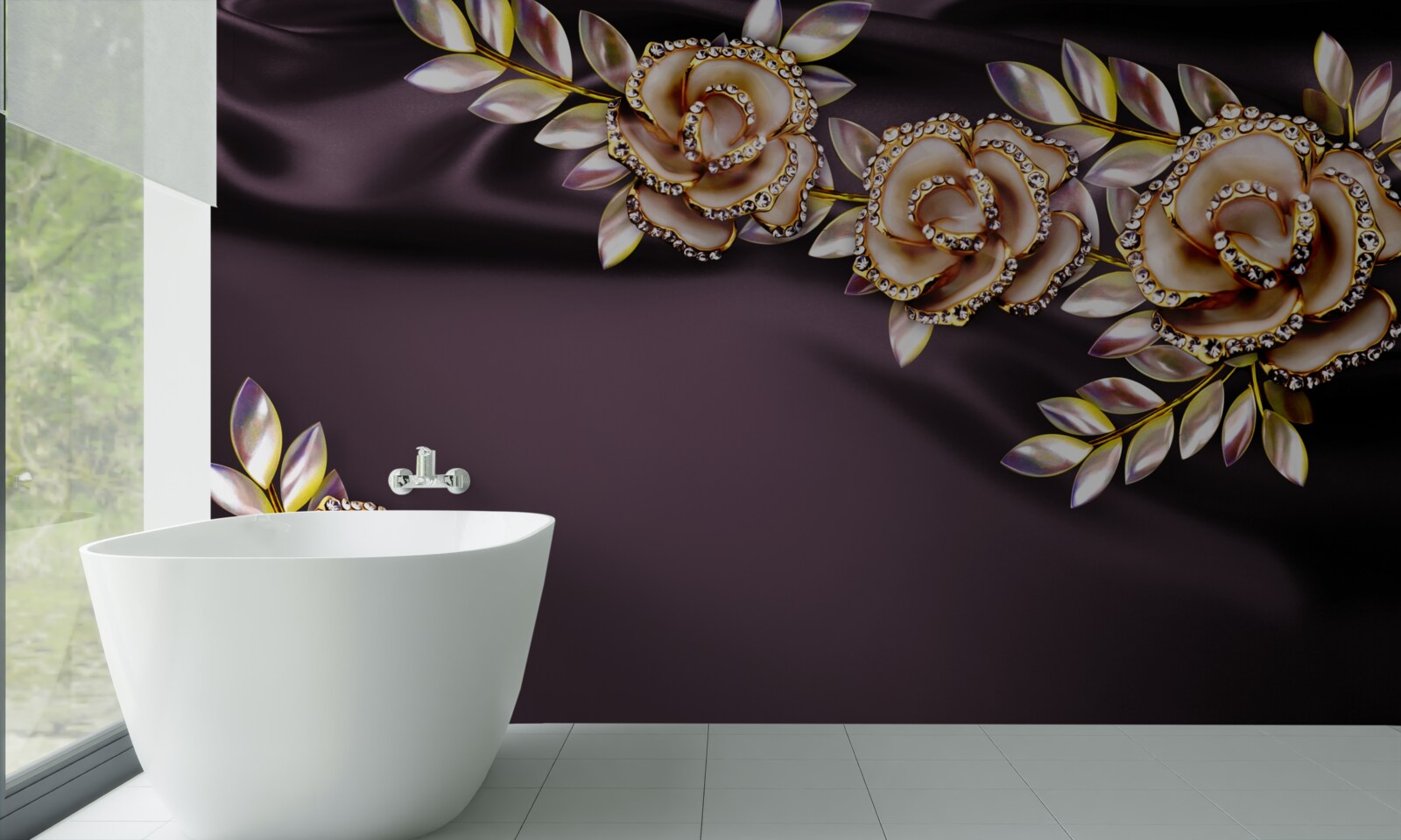 Fotobehang rozen van goud met bladeren als decoratie