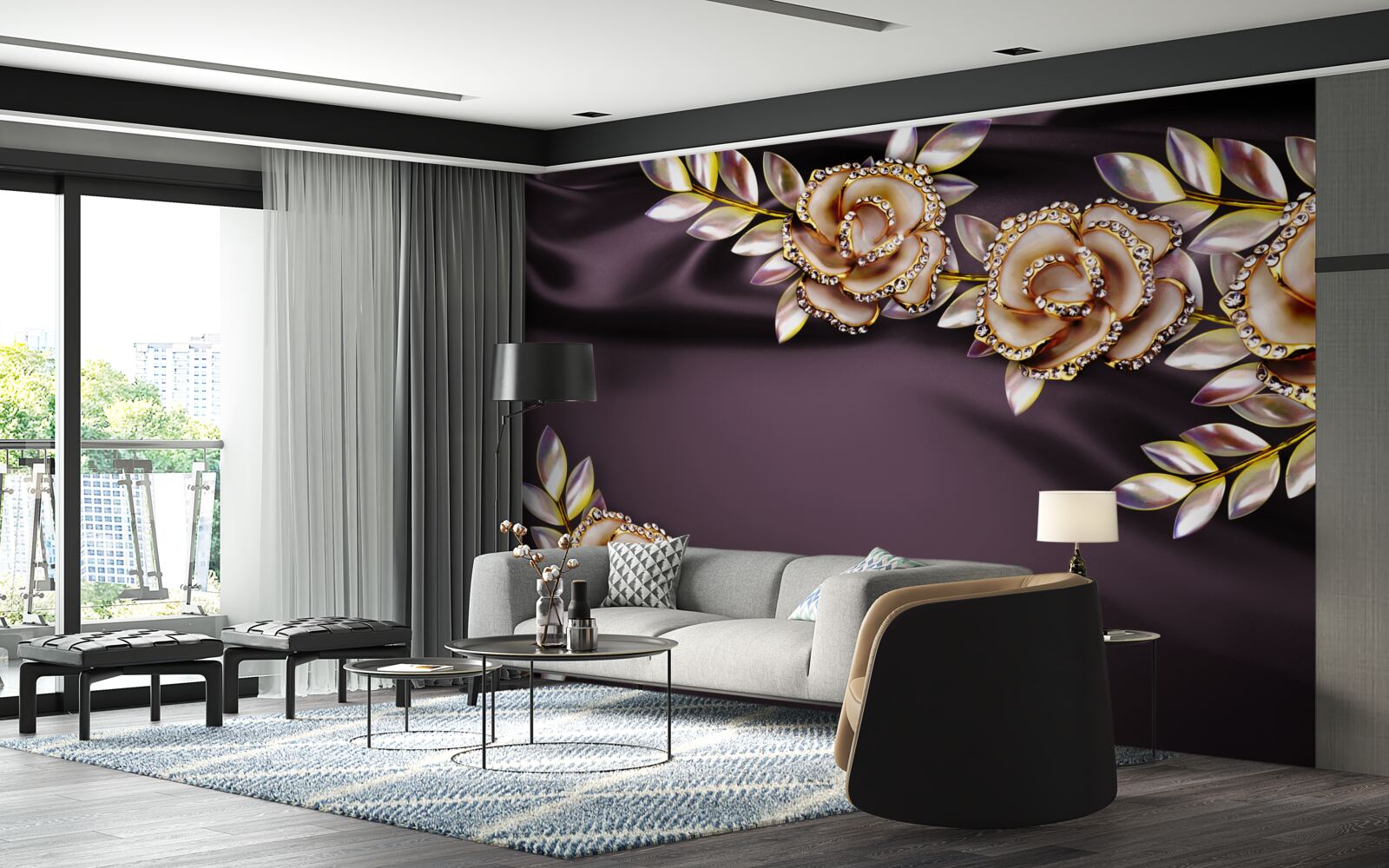 Fotobehang rozen van goud met bladeren als decoratie