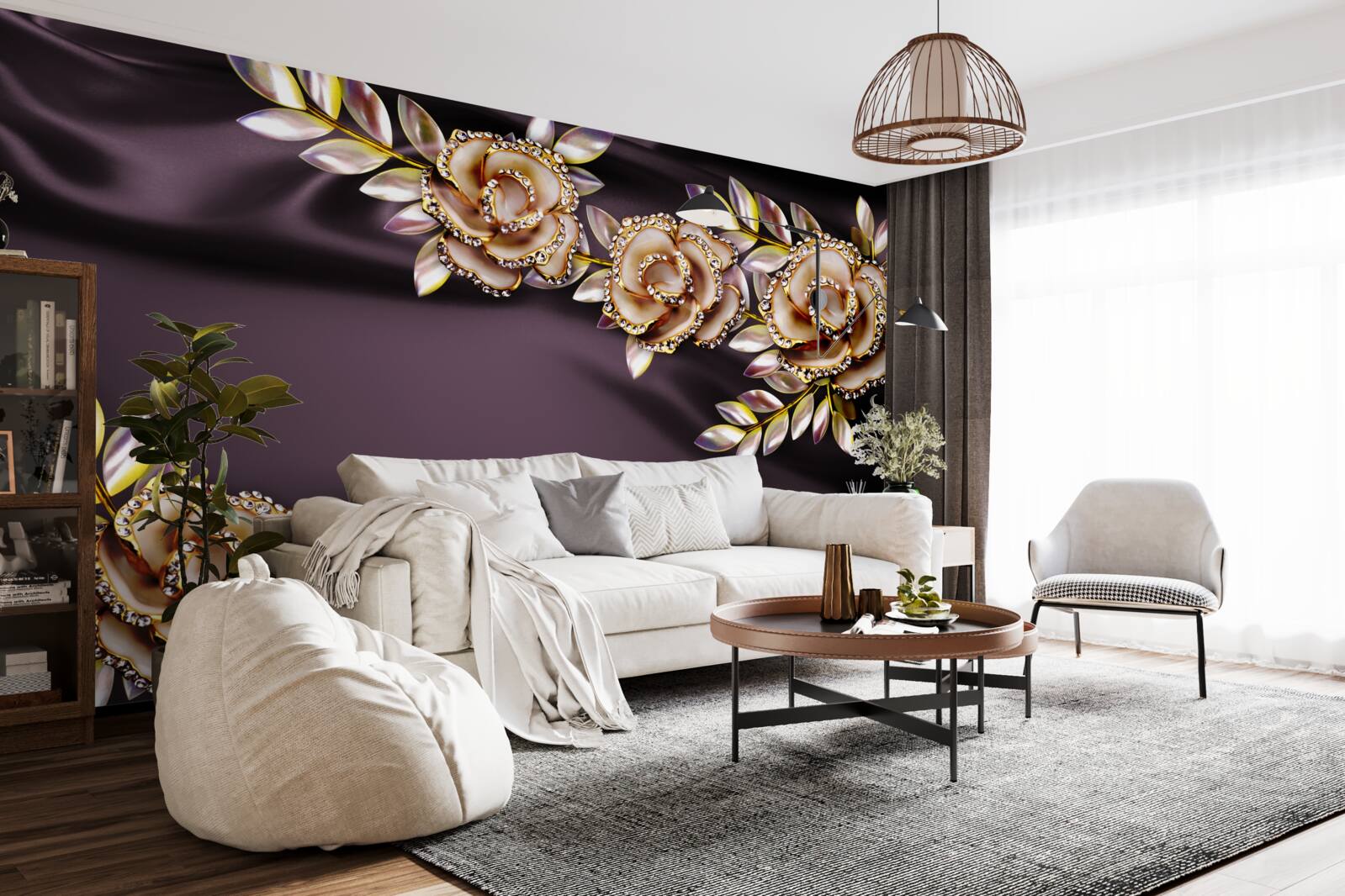 Fotobehang rozen van goud met bladeren als decoratie