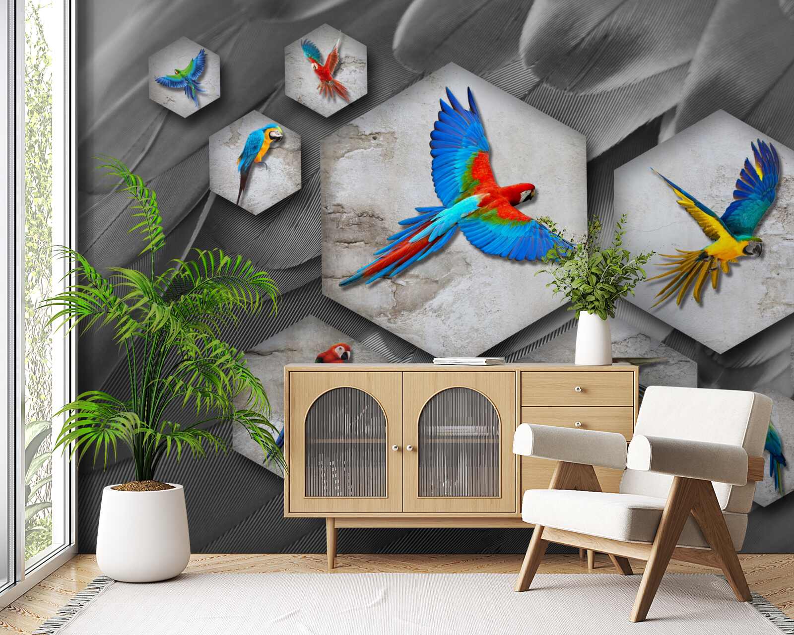 Fotobehang verschillende soorten gekleurde papegaaien