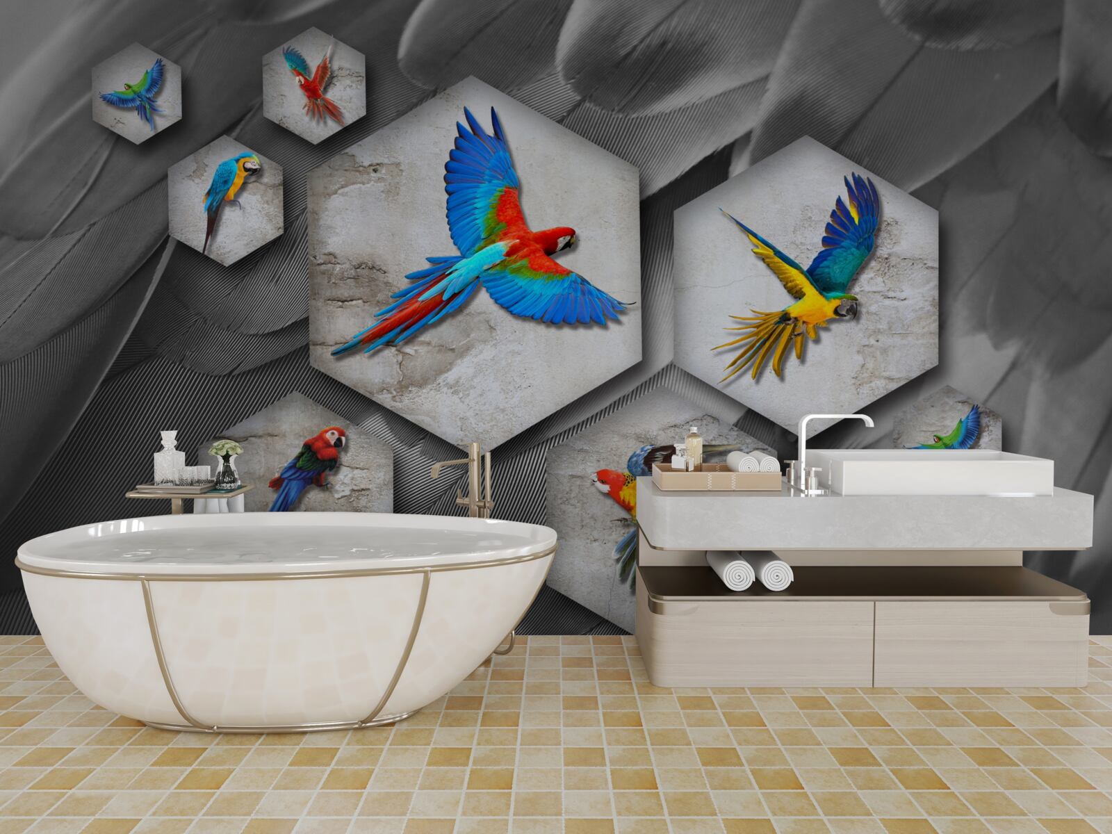 Fotobehang verschillende soorten gekleurde papegaaien