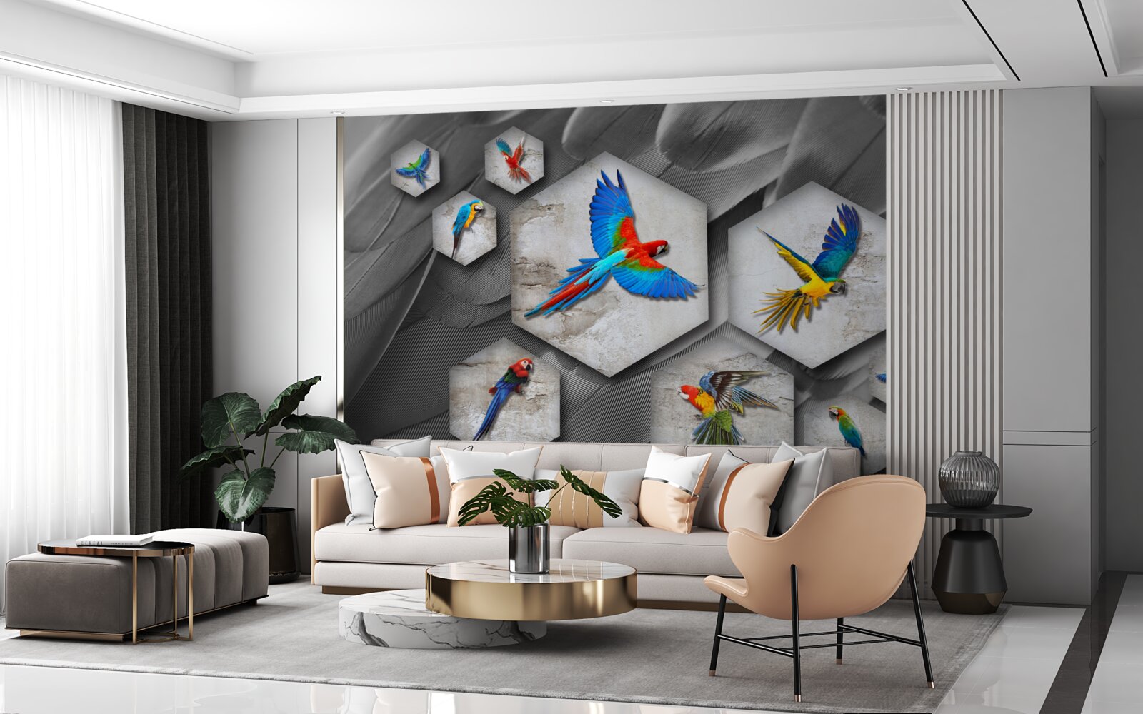 Fotobehang verschillende soorten gekleurde papegaaien