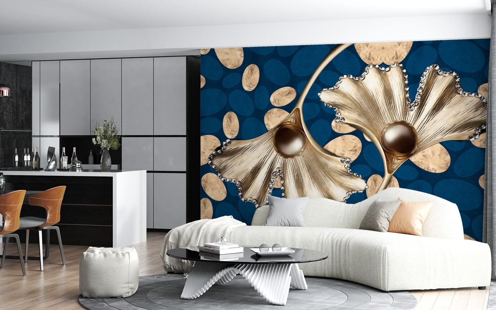 Fotobehang de blauwe achtergrond is versierd met gouden bloemen