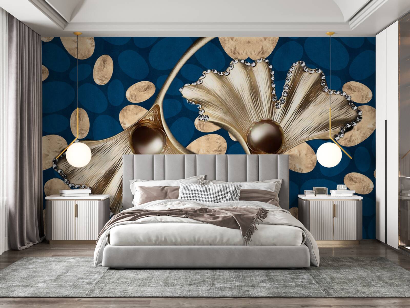 Fotobehang de blauwe achtergrond is versierd met gouden bloemen