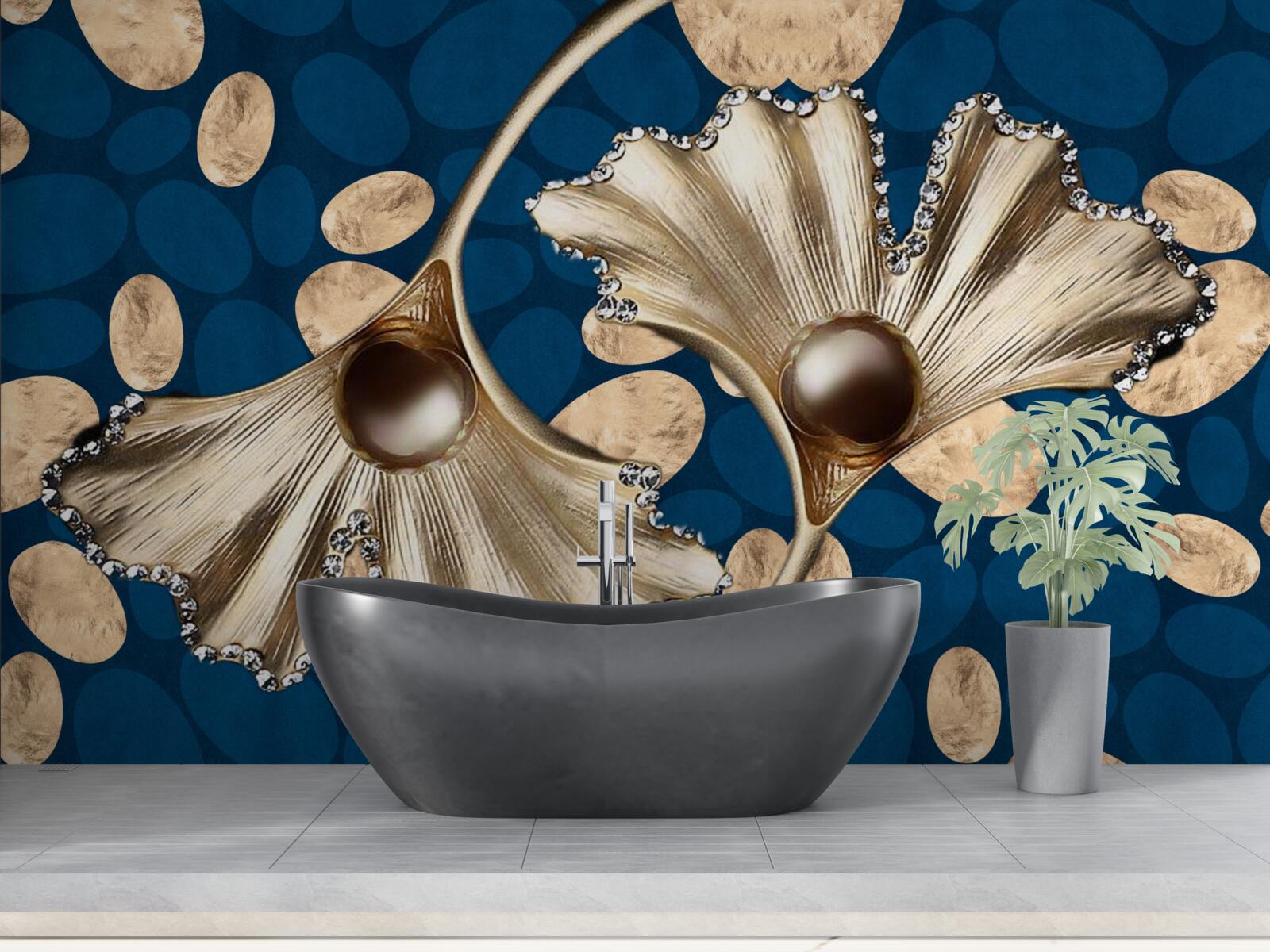 Fotobehang de blauwe achtergrond is versierd met gouden bloemen