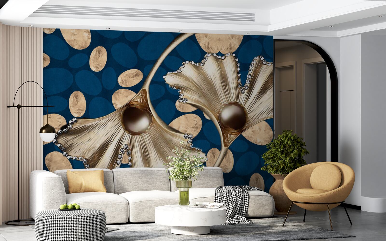 Fotobehang de blauwe achtergrond is versierd met gouden bloemen