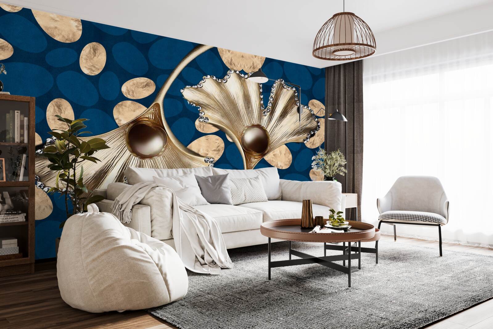 Fotobehang de blauwe achtergrond is versierd met gouden bloemen