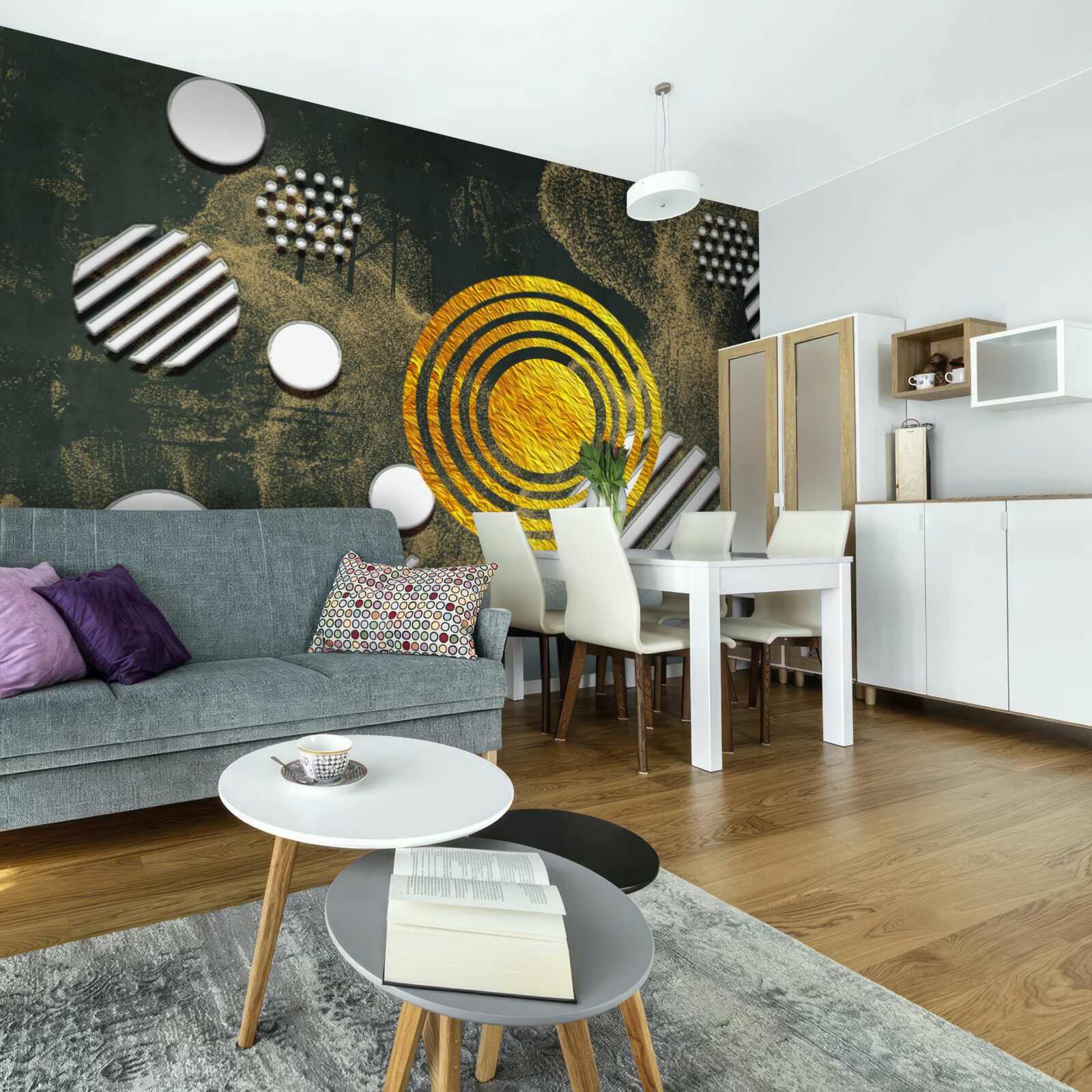 Fotobehang samensmelting van verschillende vormen op een mistige achtergrond