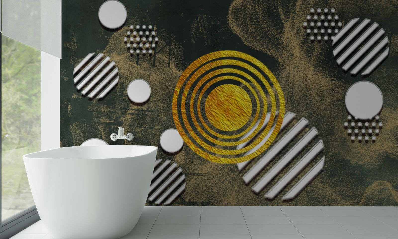 Fotobehang samensmelting van verschillende vormen op een mistige achtergrond