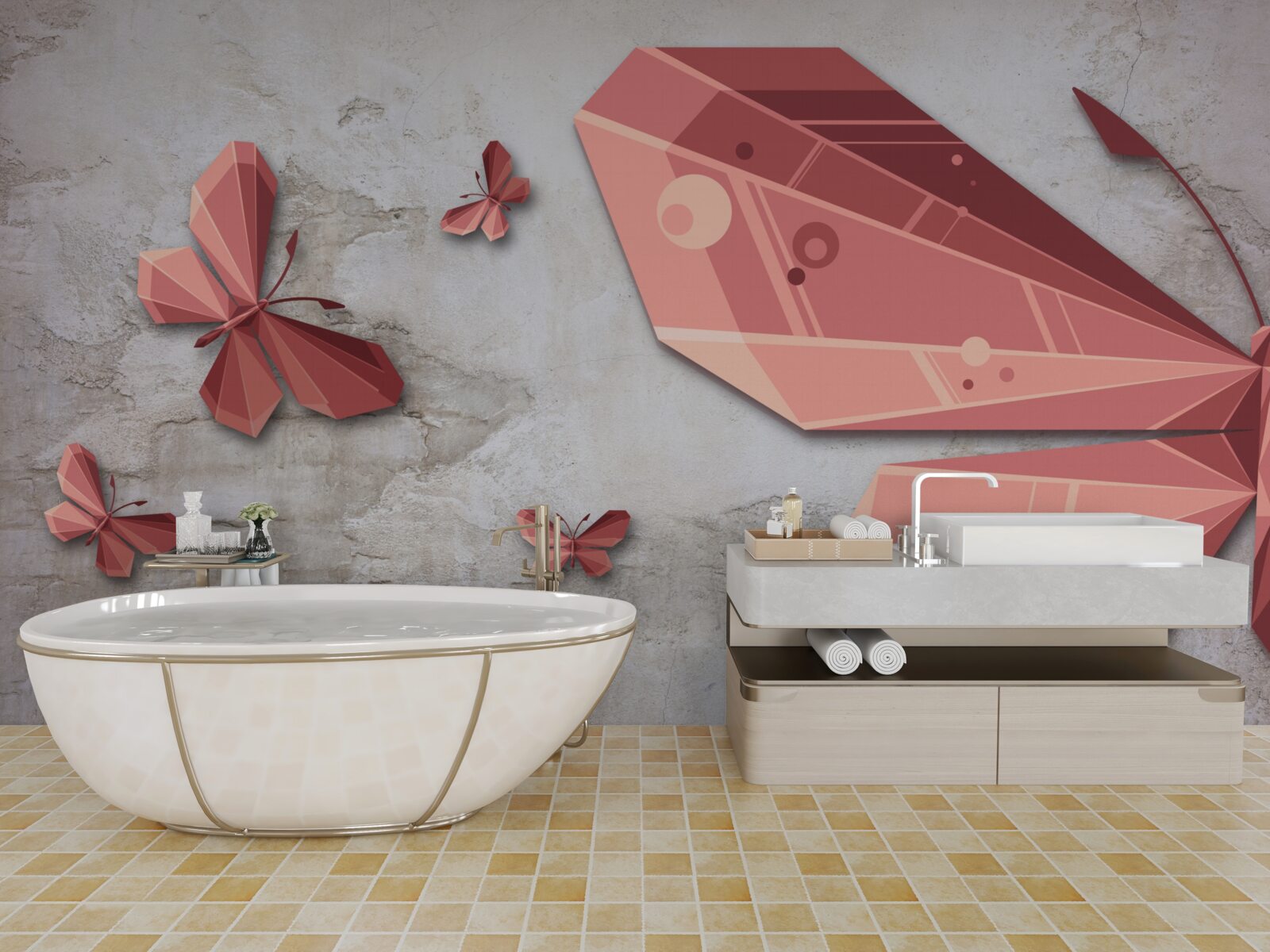 Fotobehang vlinder zwevend in roze tinten