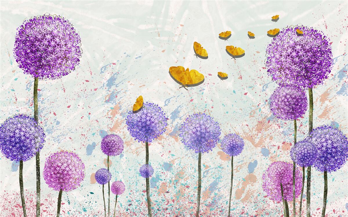 Fotobehang veelkleurig melkgras en helder gouden vlinders