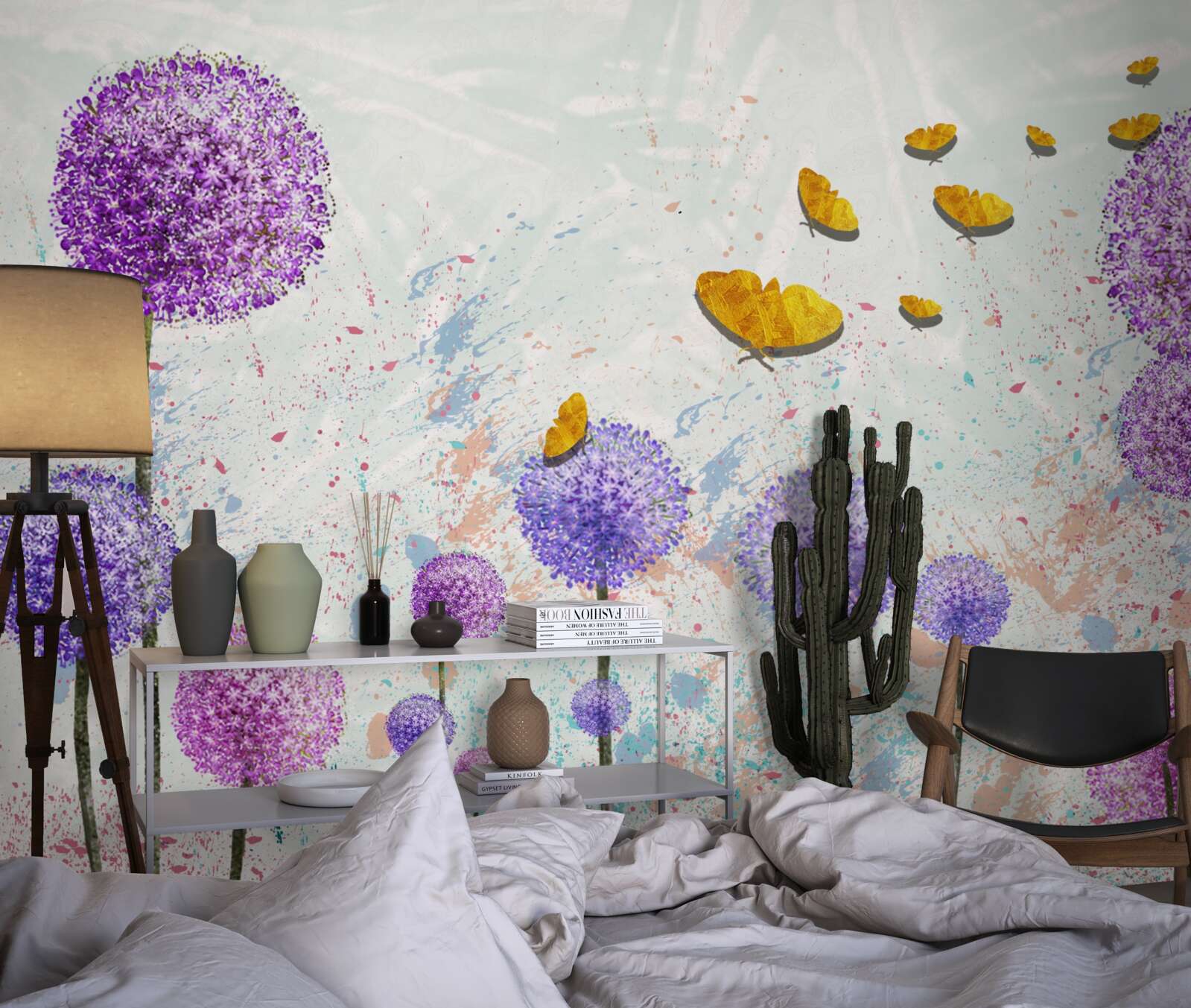 Fotobehang veelkleurig melkgras en helder gouden vlinders