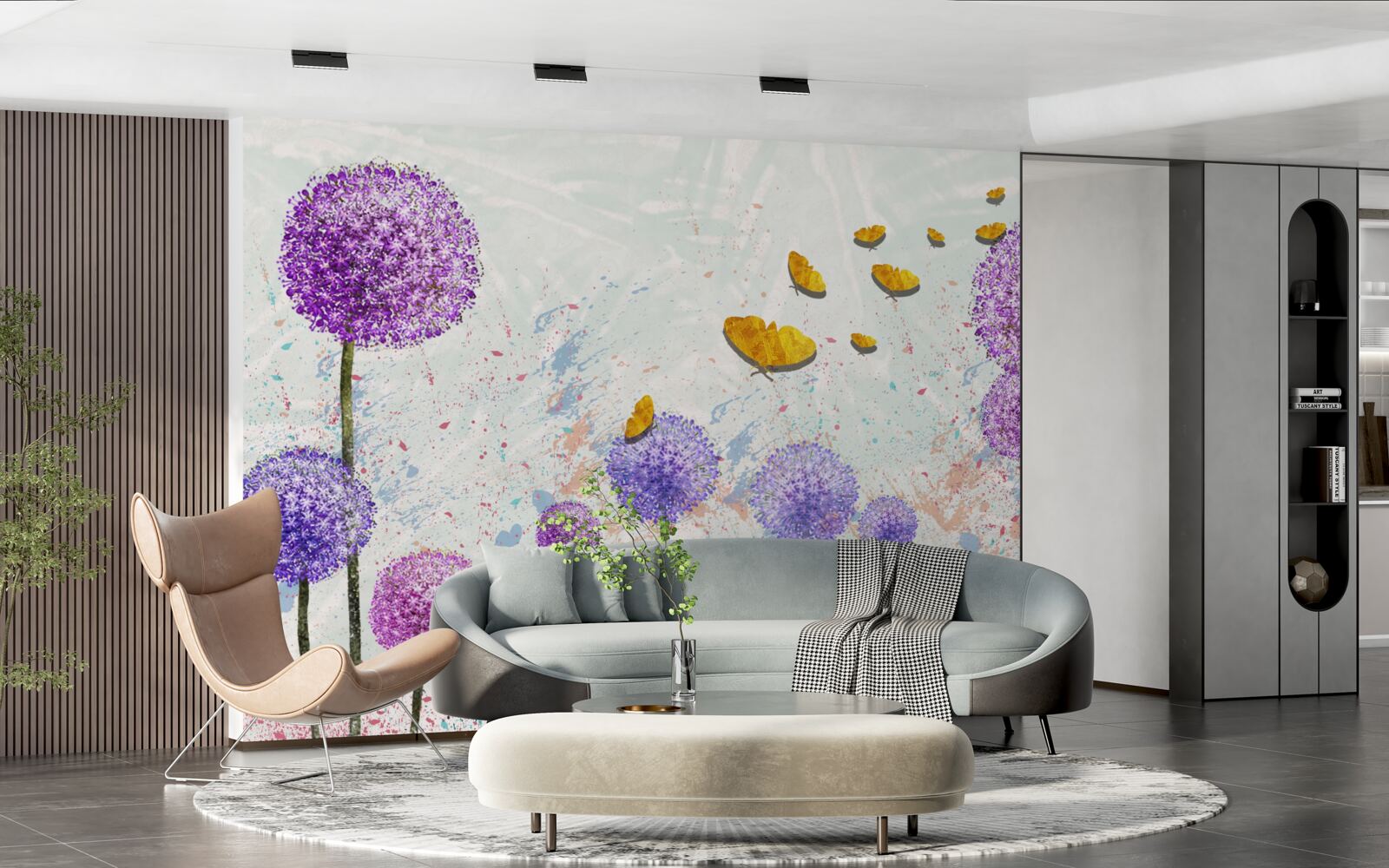 Fotobehang veelkleurig melkgras en helder gouden vlinders