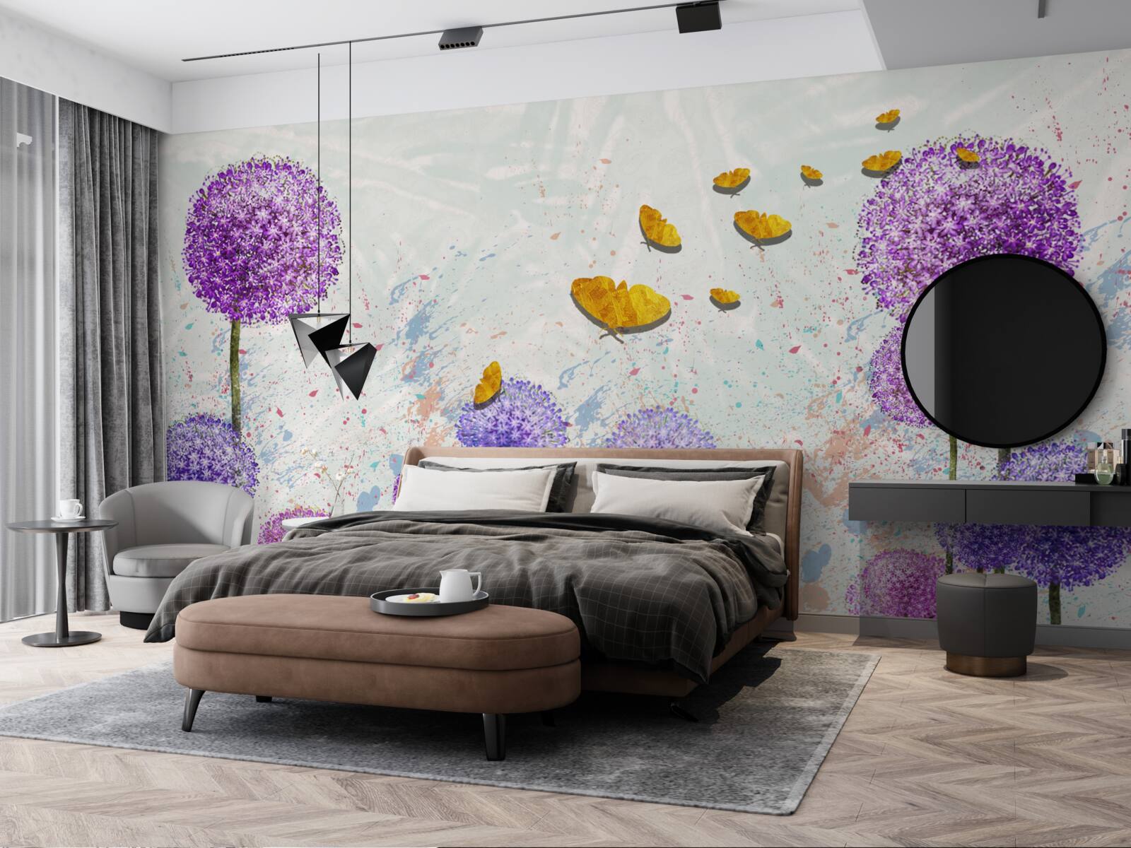 Fotobehang veelkleurig melkgras en helder gouden vlinders