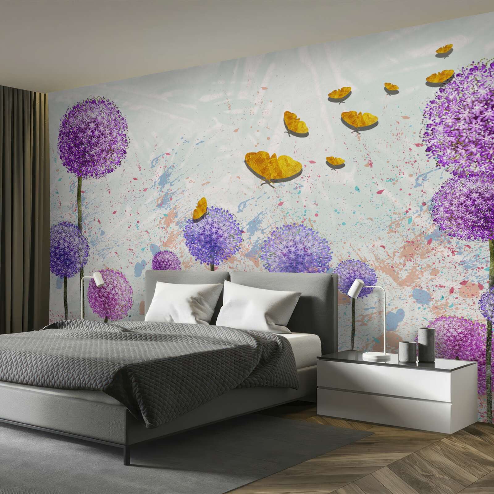 Fotobehang veelkleurig melkgras en helder gouden vlinders