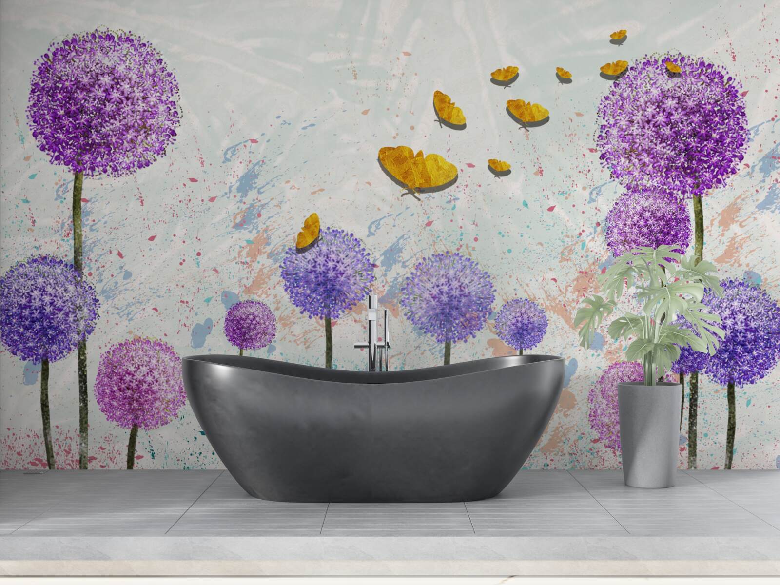 Fotobehang veelkleurig melkgras en helder gouden vlinders