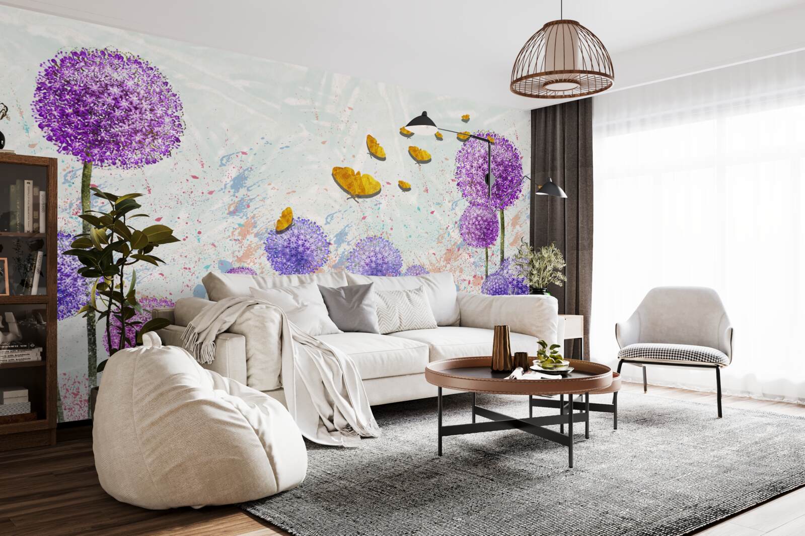 Fotobehang veelkleurig melkgras en helder gouden vlinders